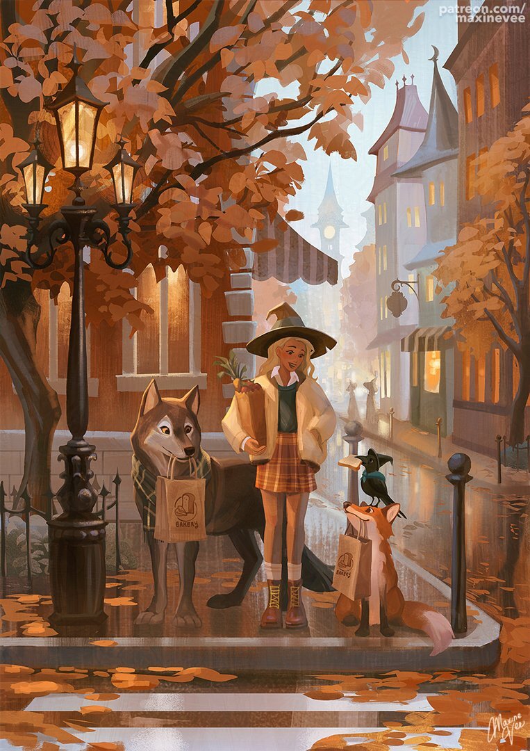 A Familiar Walk - Art, Girls, Wolf, Fox, Crow, Autumn, Evening, Witch Hat, Package