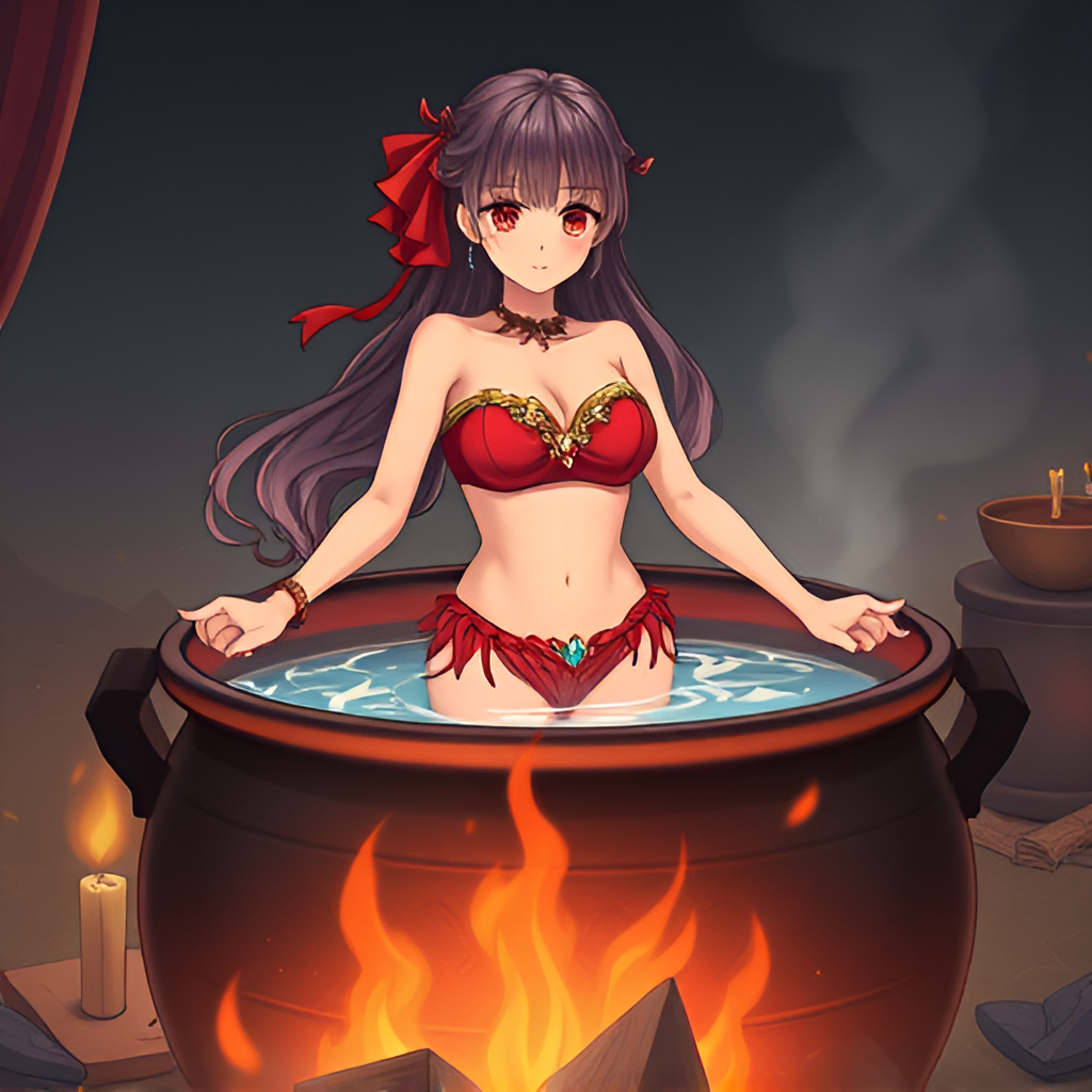 Girls bathing in cauldrons - Girls, Bathing, Anime, Art, Swimsuit, Boiler, Bikini, Boiling water, Fire, Longpost