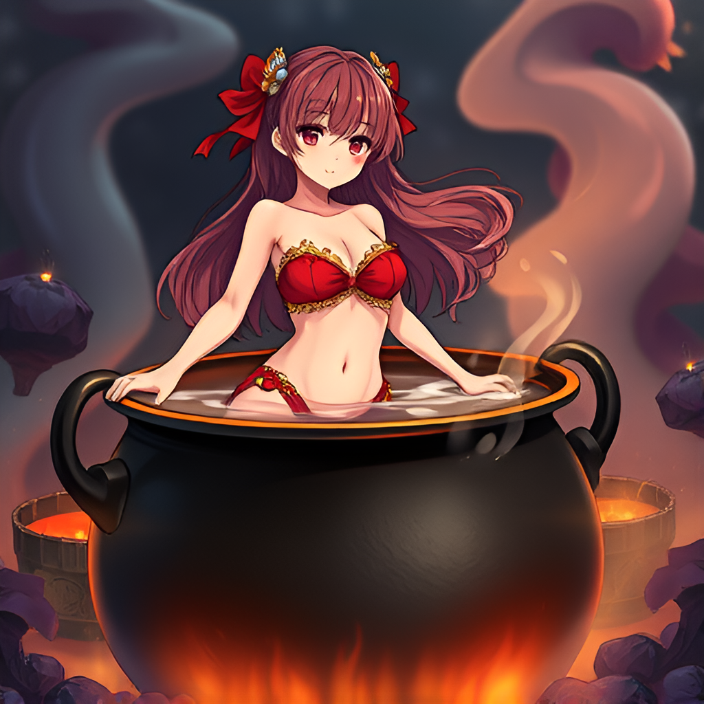 Girls bathing in cauldrons - Girls, Bathing, Anime, Art, Swimsuit, Boiler, Bikini, Boiling water, Fire, Longpost