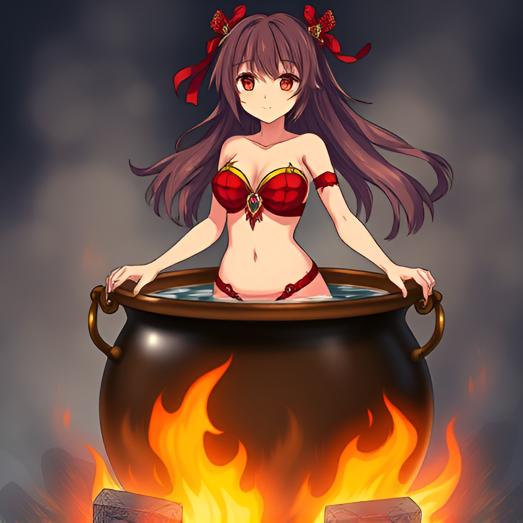 Girls bathing in cauldrons - Girls, Bathing, Anime, Art, Swimsuit, Boiler, Bikini, Boiling water, Fire, Longpost