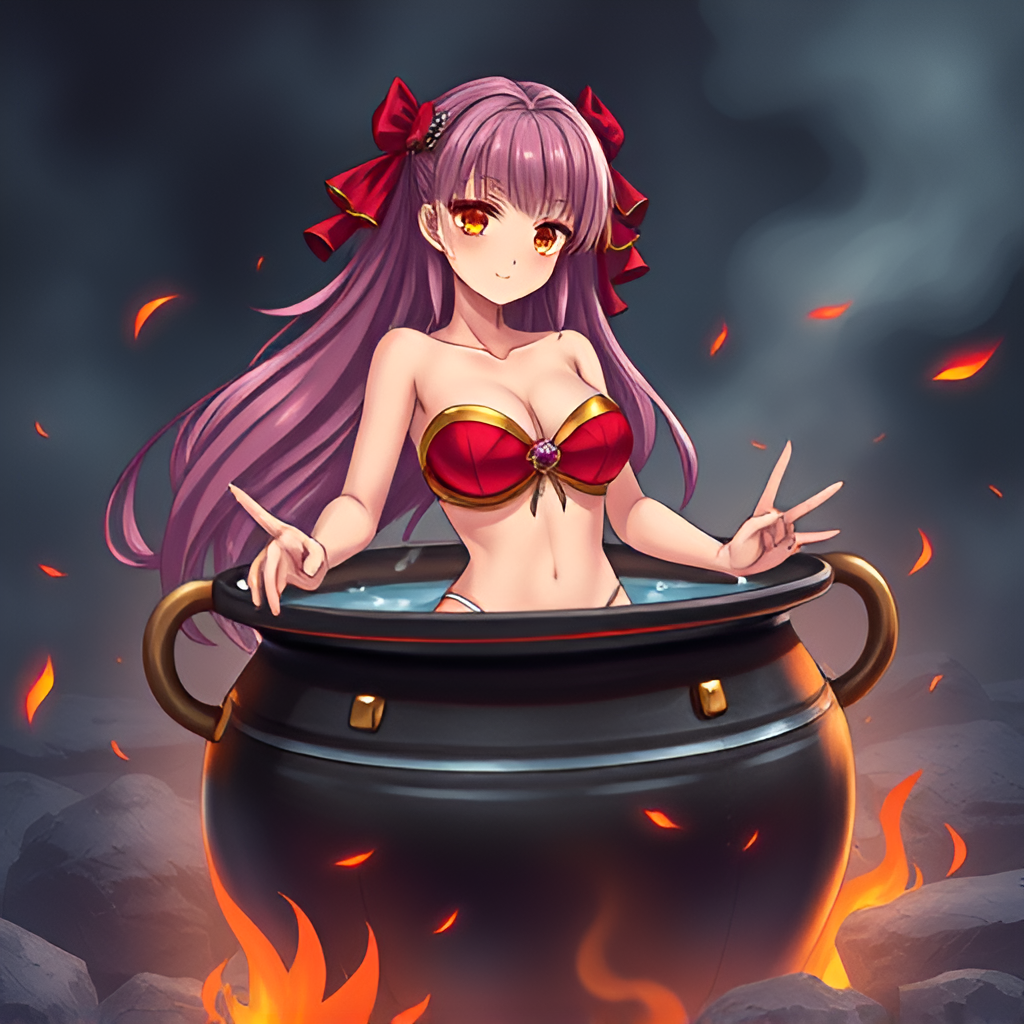 Girls bathing in cauldrons - Girls, Bathing, Anime, Art, Swimsuit, Boiler, Bikini, Boiling water, Fire, Longpost