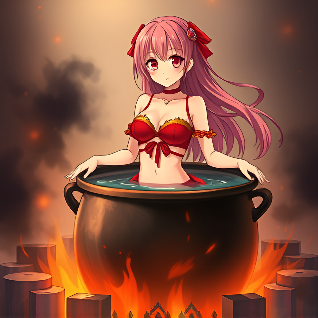 Girls bathing in cauldrons - Girls, Bathing, Anime, Art, Swimsuit, Boiler, Bikini, Boiling water, Fire, Longpost