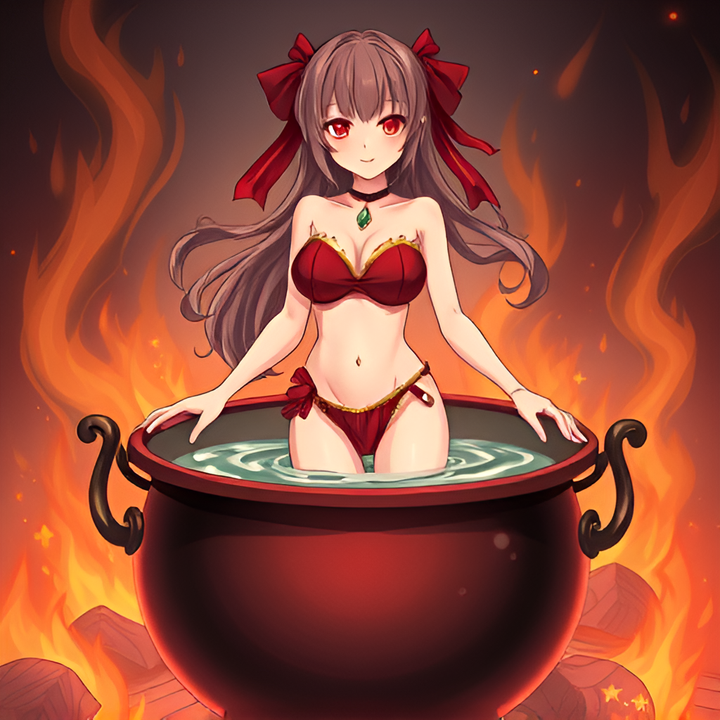 Girls bathing in cauldrons - Girls, Bathing, Anime, Art, Swimsuit, Boiler, Bikini, Boiling water, Fire, Longpost