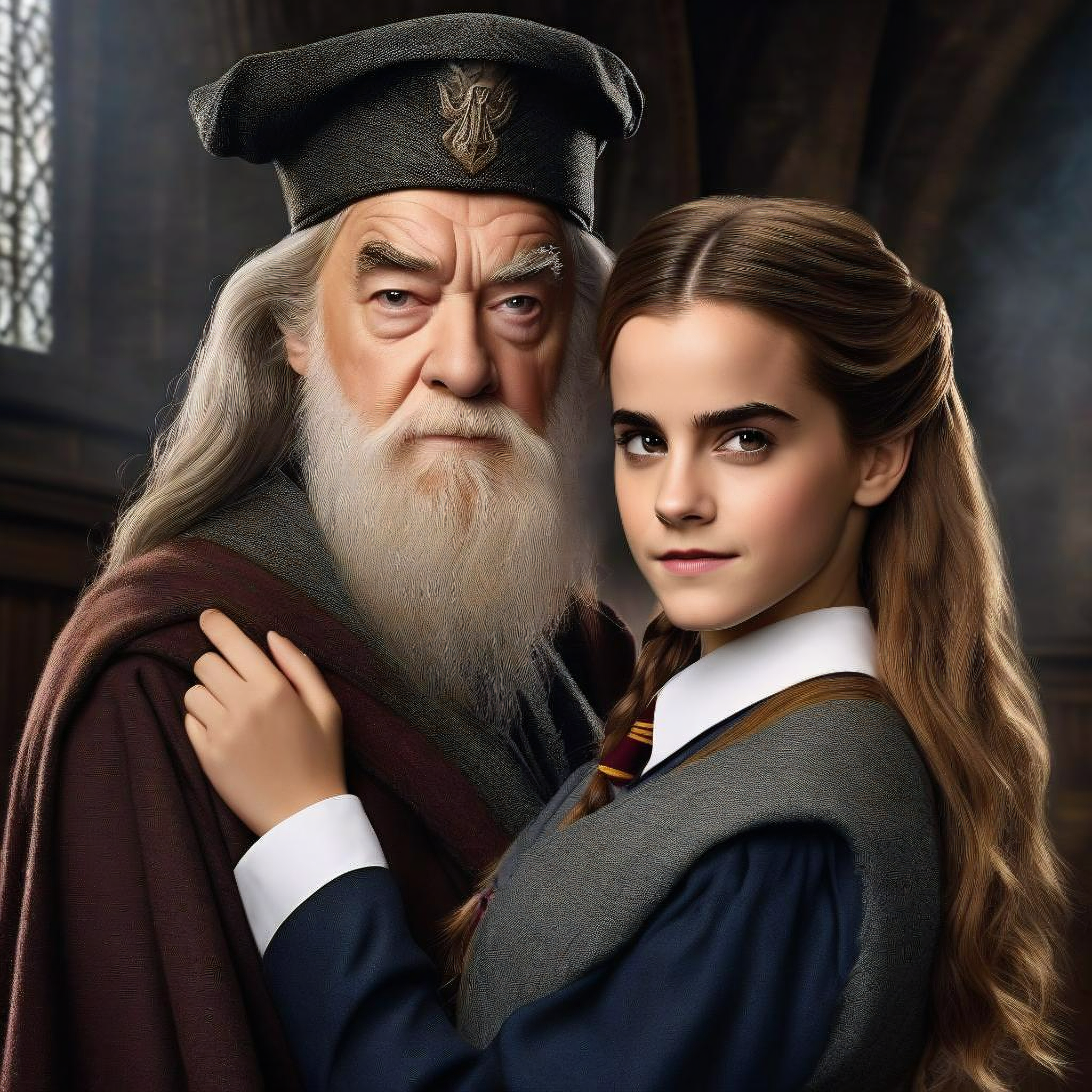 Love is blind, you will fall in love with... Dumbledore - My, Art, Neural network art, 3D, Artificial Intelligence, Girls, Hermione, Albus Dumbledore, Harry Potter, Love, Women, Brown-haired woman, Kiss, Generated, Hugs, Hogwarts, Emma Watson, Longpost, Нейронные сети, Phone wallpaper, Fantasy