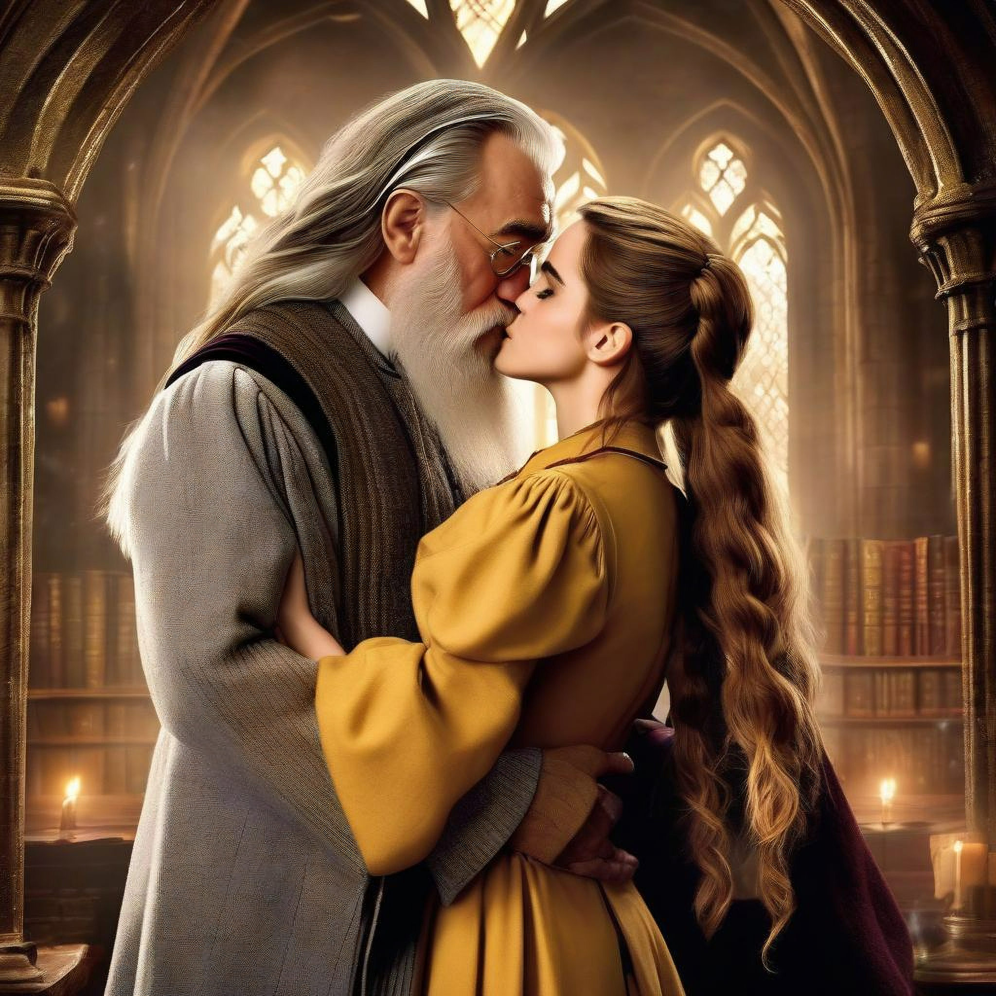 Love is blind, you will fall in love with... Dumbledore - My, Art, Neural network art, 3D, Artificial Intelligence, Girls, Hermione, Albus Dumbledore, Harry Potter, Love, Women, Brown-haired woman, Kiss, Generated, Hugs, Hogwarts, Emma Watson, Longpost, Нейронные сети, Phone wallpaper, Fantasy