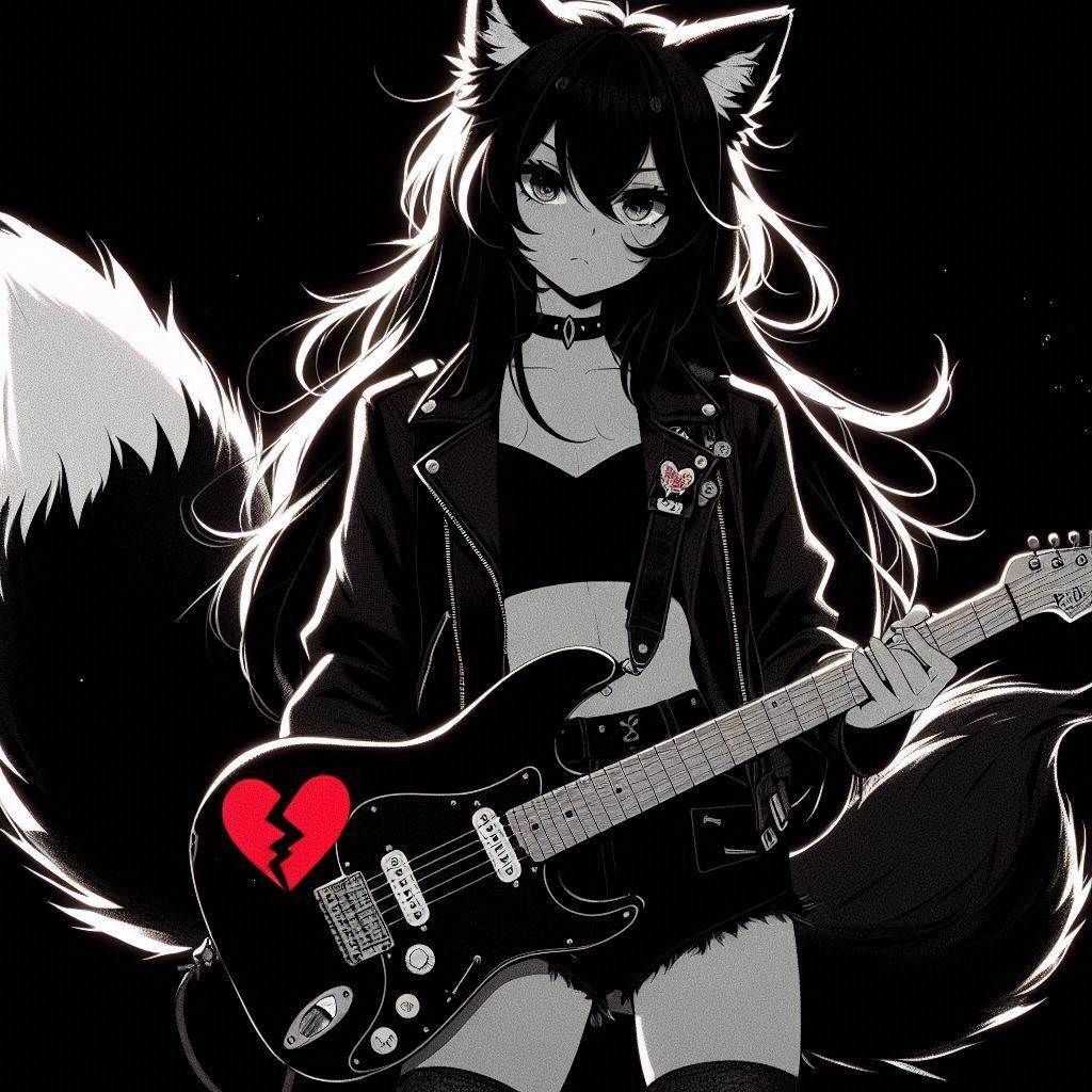 Rox Fox - photoshoot for the cover of the single 'Heart Attack!' - My, Art, Neural network art, Нейронные сети, Ginger & White, Anime art, Girls, Anime, Original character, Kitsune, Animal ears, Tail, Rock, Metal, Guitar, Longpost