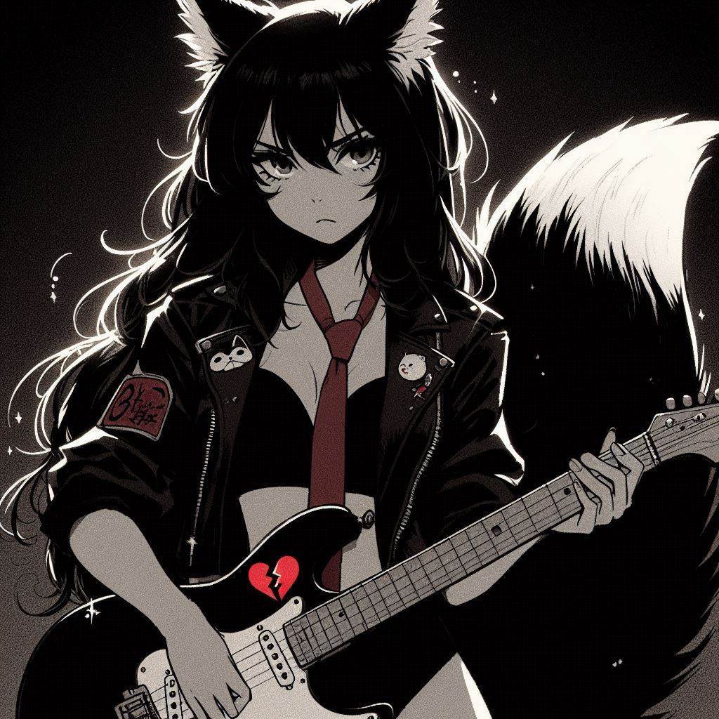 Rox Fox - photoshoot for the cover of the single 'Heart Attack!' - My, Art, Neural network art, Нейронные сети, Ginger & White, Anime art, Girls, Anime, Original character, Kitsune, Animal ears, Tail, Rock, Metal, Guitar, Longpost