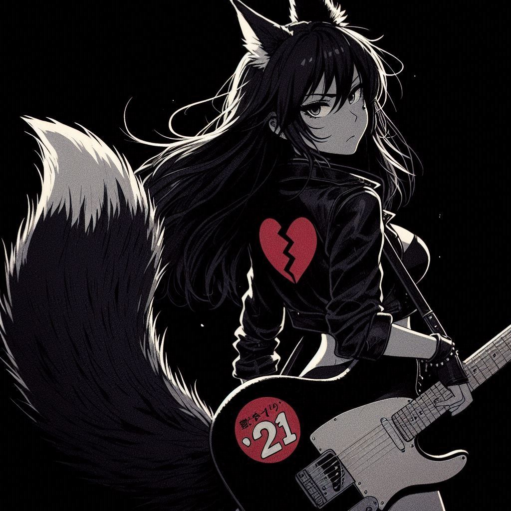 Rox Fox - photoshoot for the cover of the single 'Heart Attack!' - My, Art, Neural network art, Нейронные сети, Ginger & White, Anime art, Girls, Anime, Original character, Kitsune, Animal ears, Tail, Rock, Metal, Guitar, Longpost