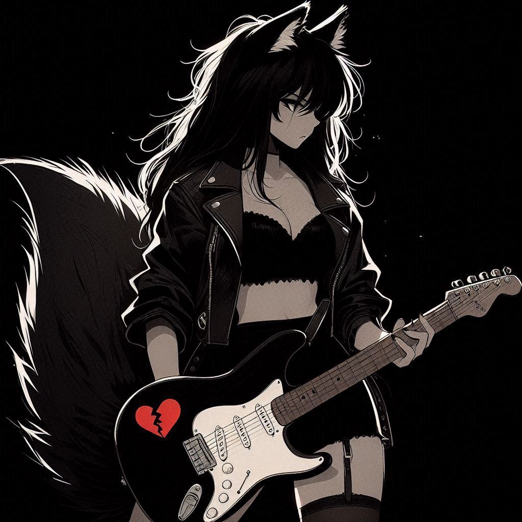 Rox Fox - photoshoot for the cover of the single 'Heart Attack!' - My, Art, Neural network art, Нейронные сети, Ginger & White, Anime art, Girls, Anime, Original character, Kitsune, Animal ears, Tail, Rock, Metal, Guitar, Longpost