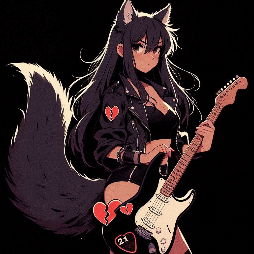 Rox Fox - photoshoot for the cover of the single 'Heart Attack!' - My, Art, Neural network art, Нейронные сети, Ginger & White, Anime art, Girls, Anime, Original character, Kitsune, Animal ears, Tail, Rock, Metal, Guitar, Longpost