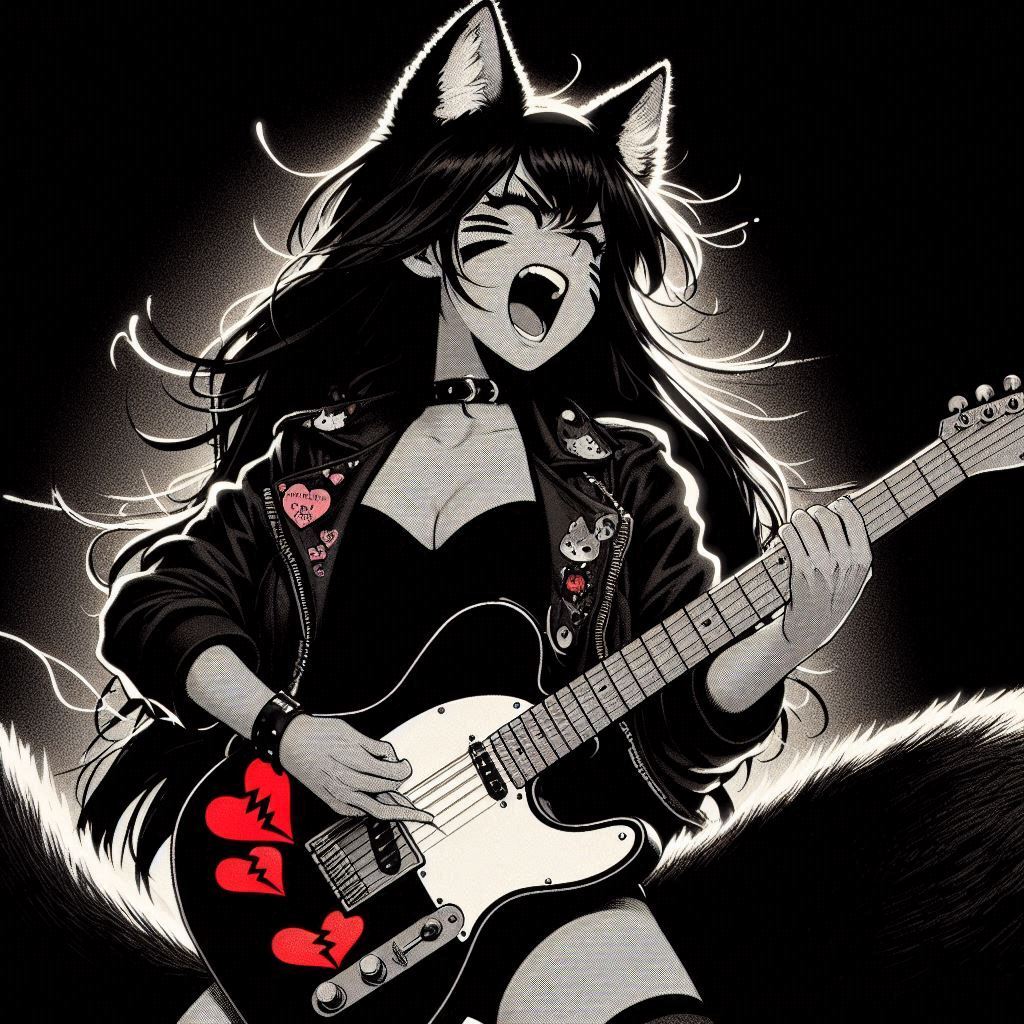 Rox Fox - photoshoot for the cover of the single 'Heart Attack!' - My, Art, Neural network art, Нейронные сети, Ginger & White, Anime art, Girls, Anime, Original character, Kitsune, Animal ears, Tail, Rock, Metal, Guitar, Longpost