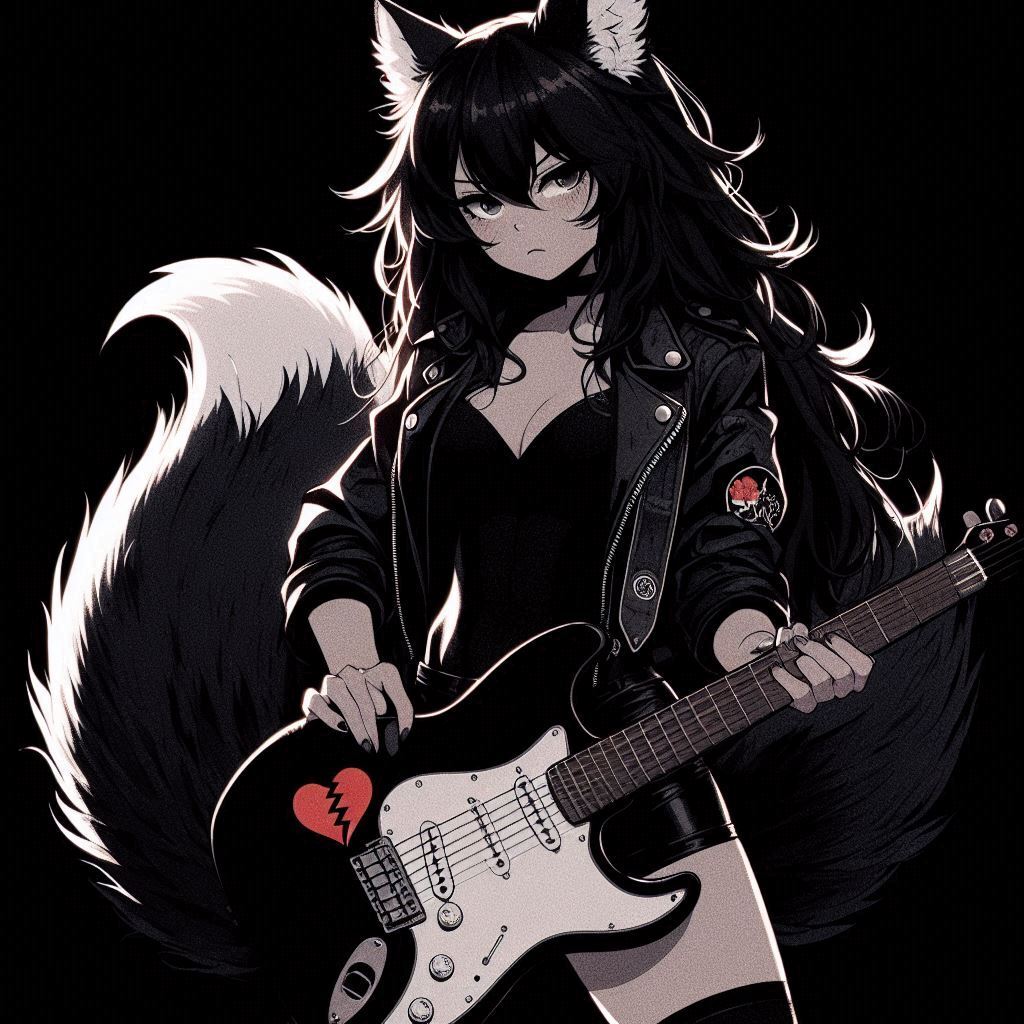 Rox Fox - photoshoot for the cover of the single 'Heart Attack!' - My, Art, Neural network art, Нейронные сети, Ginger & White, Anime art, Girls, Anime, Original character, Kitsune, Animal ears, Tail, Rock, Metal, Guitar, Longpost