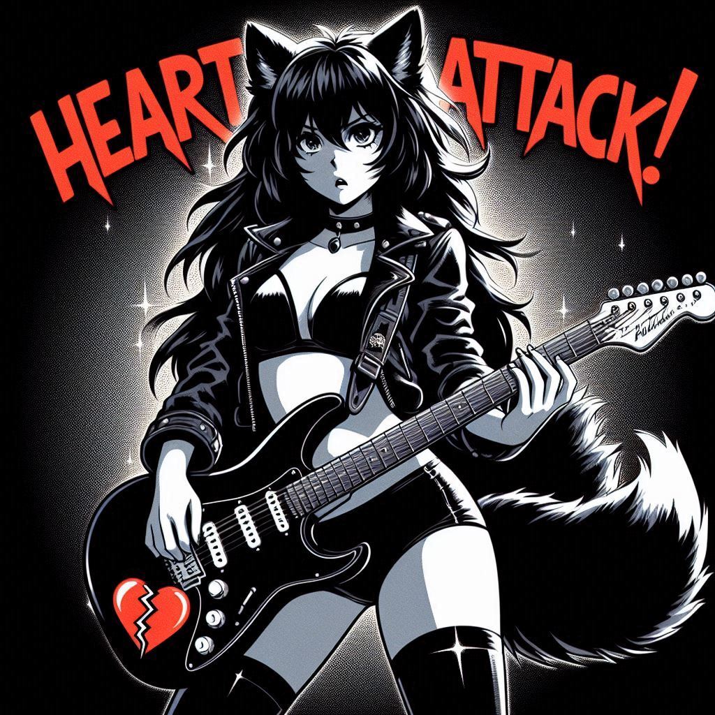 Rox Fox - photoshoot for the cover of the single 'Heart Attack!' - My, Art, Neural network art, Нейронные сети, Ginger & White, Anime art, Girls, Anime, Original character, Kitsune, Animal ears, Tail, Rock, Metal, Guitar, Longpost