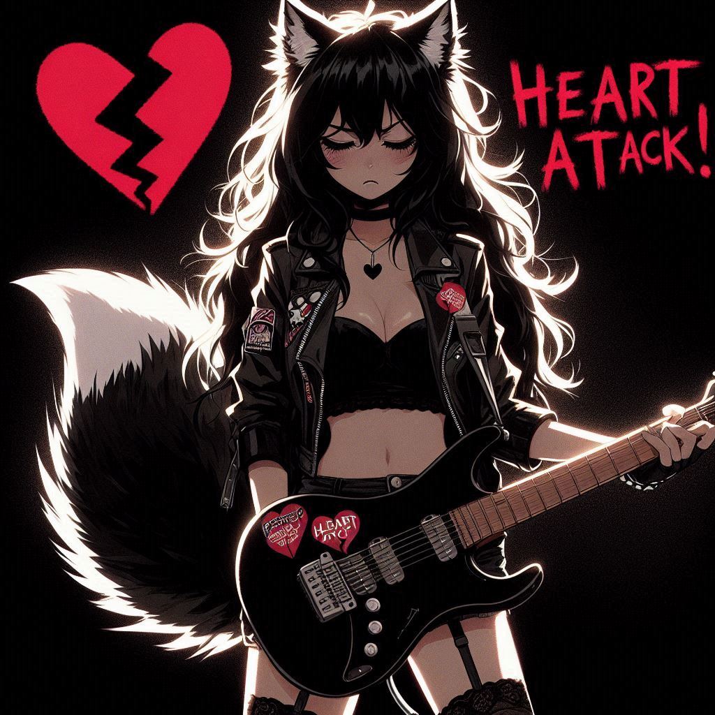 Rox Fox - photoshoot for the cover of the single 'Heart Attack!' - My, Art, Neural network art, Нейронные сети, Ginger & White, Anime art, Girls, Anime, Original character, Kitsune, Animal ears, Tail, Rock, Metal, Guitar, Longpost