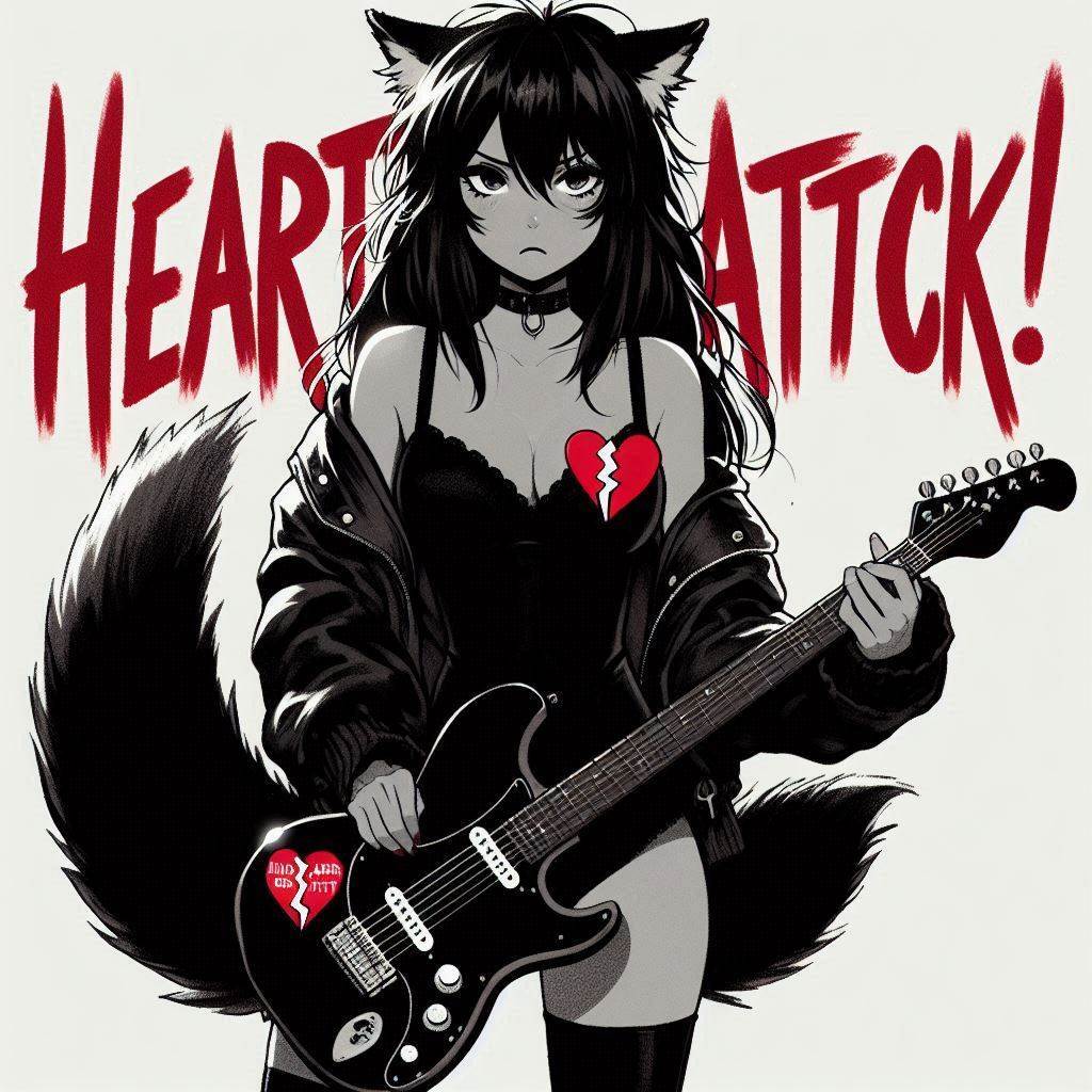 Rox Fox - photoshoot for the cover of the single 'Heart Attack!' - My, Art, Neural network art, Нейронные сети, Ginger & White, Anime art, Girls, Anime, Original character, Kitsune, Animal ears, Tail, Rock, Metal, Guitar, Longpost