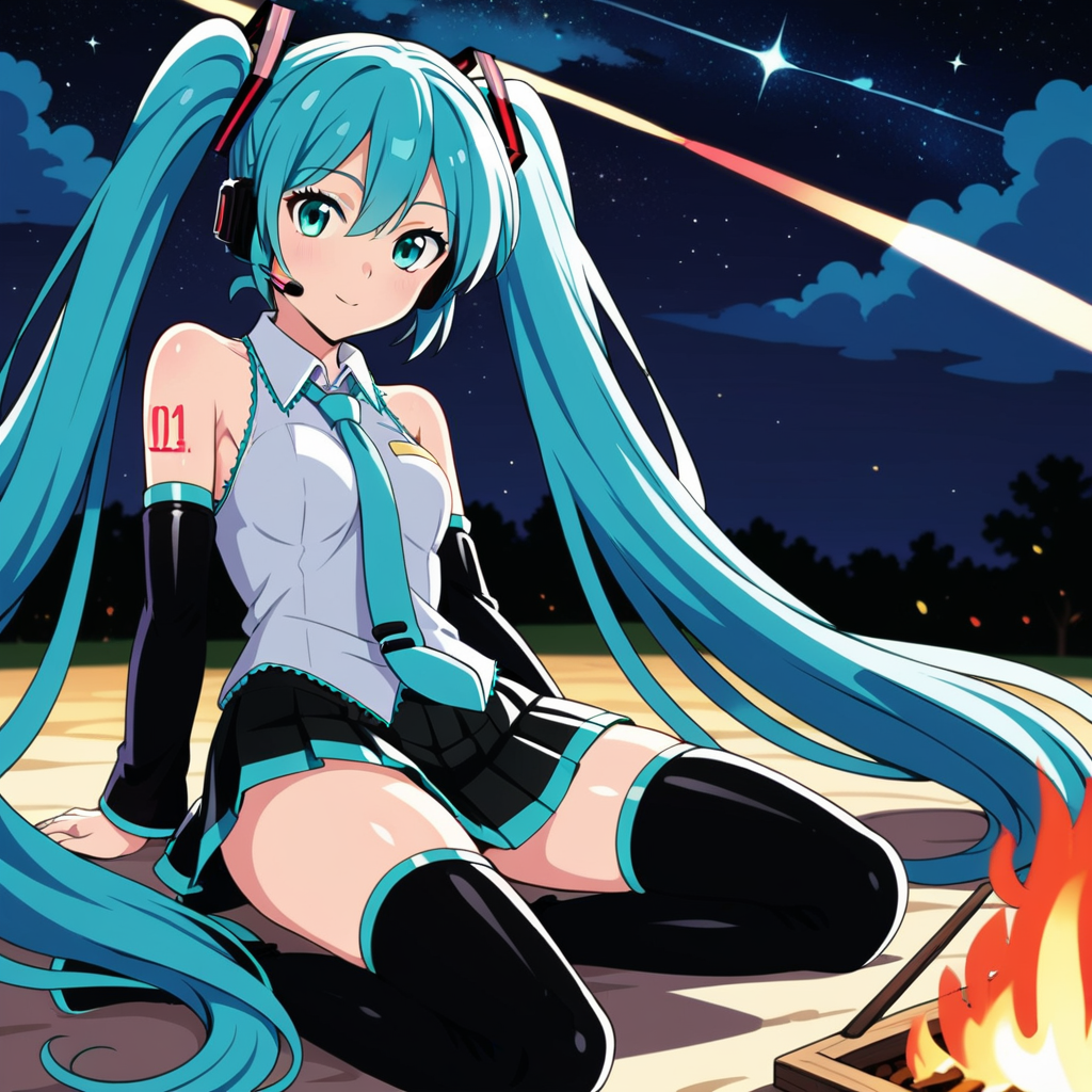 Under the false light, the false stars, make your most sincere wish - My, Anime art, Anime, Stable diffusion, Neural network art, Hatsune Miku, Friday Miku, Sits well, Stockings