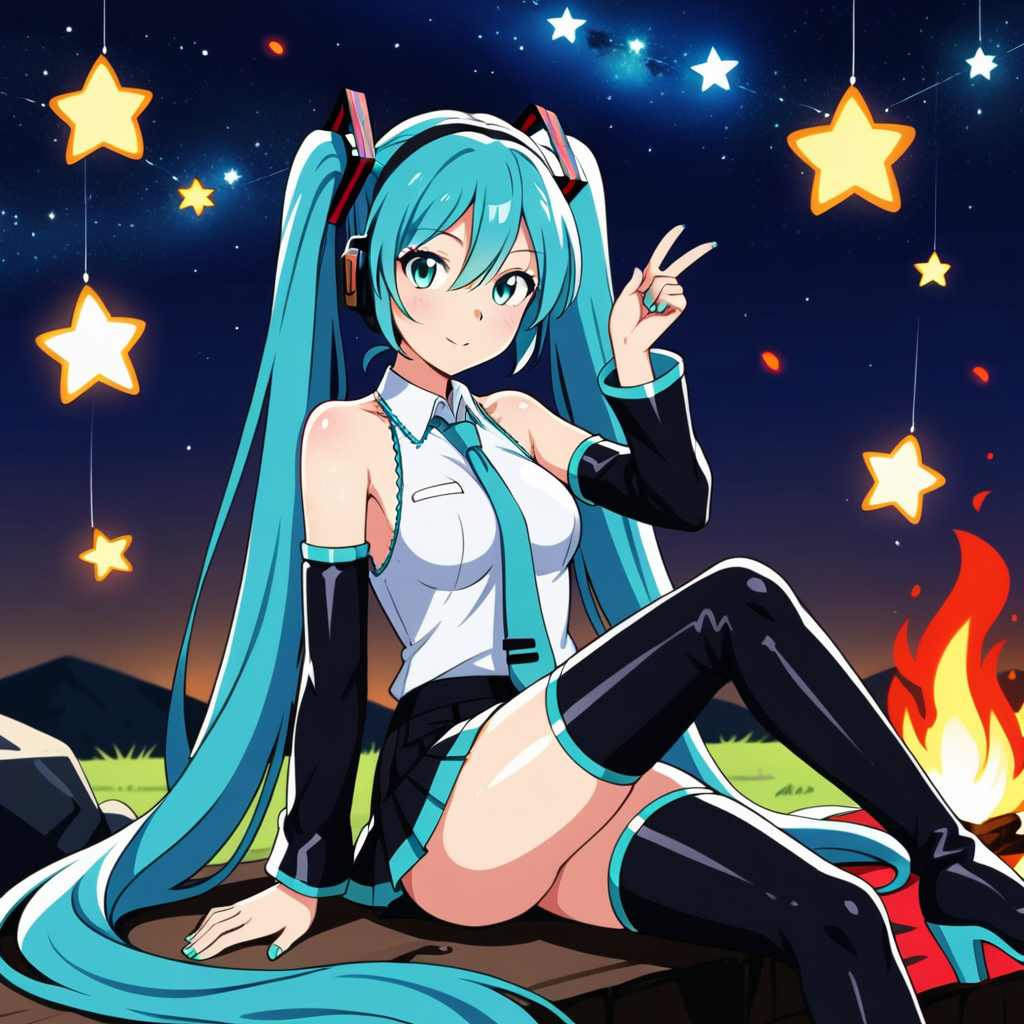 Under the false light, the false stars, make your most sincere wish - My, Anime art, Anime, Stable diffusion, Neural network art, Hatsune Miku, Friday Miku, Sits well, Stockings