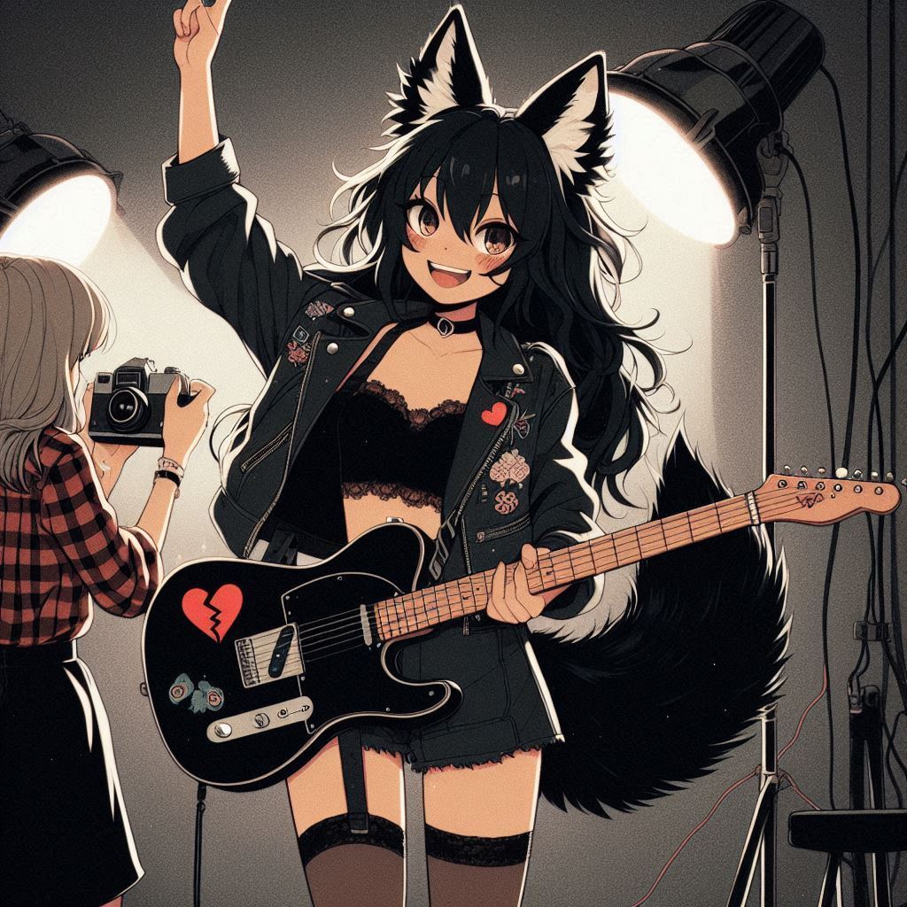 Rox Fox - photoshoot for the cover of the single 'Heart Attack!' - My, Art, Neural network art, Нейронные сети, Ginger & White, Anime art, Girls, Anime, Original character, Kitsune, Animal ears, Tail, Rock, Metal, Guitar, Longpost