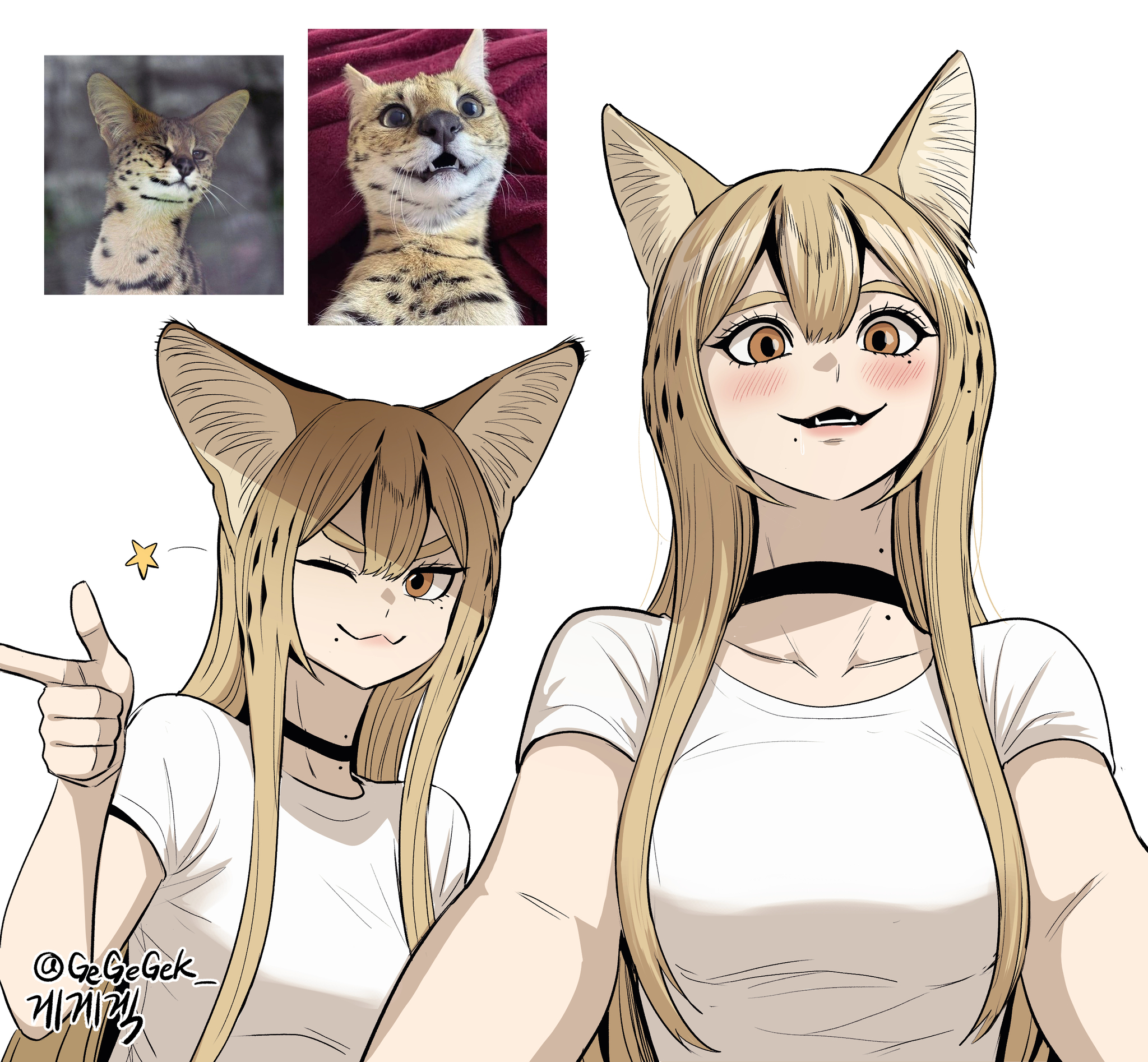 Continuation of the post “Humanization” - Art, Anime, Anime art, Humanization, Animal ears, Gegegekman, A wave of posts, Tail, cat, Neko, Serval, Reply to post