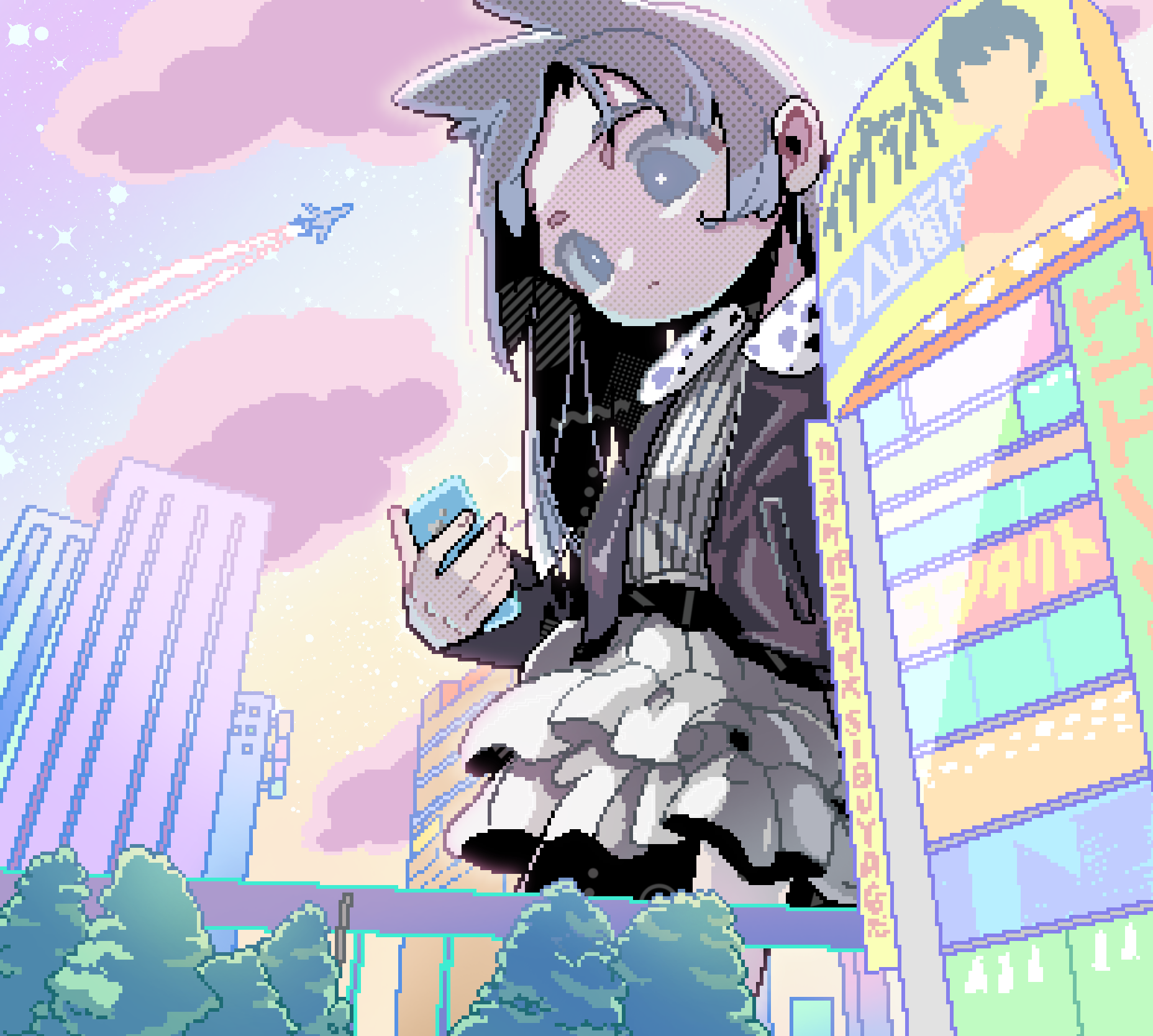 Looking at the phone - Town, Pixel Art, Giantess, Anime art, Landscape