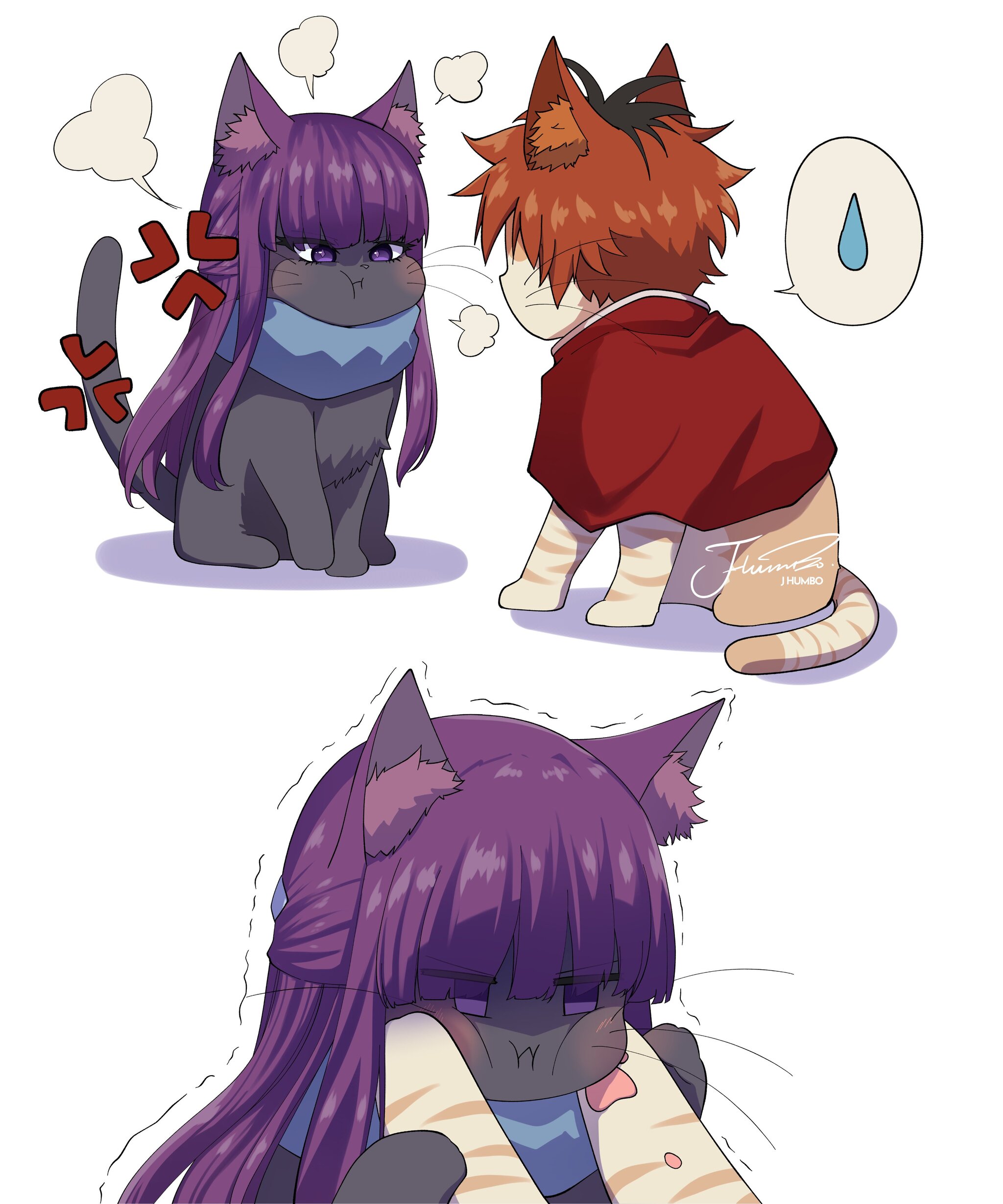 Fern the Cat is sulking - Art, Anime, Anime art, Sousou no Frieren, cat, J humbo, Twitter (link), Fern, Stark (Sousou no Frieren)