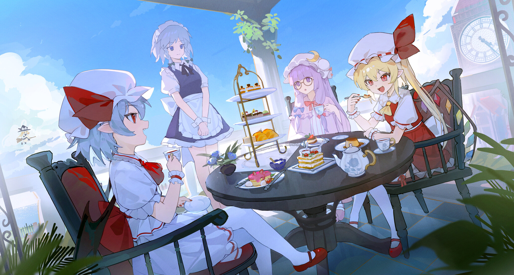 Послеобеденное чаепитие - Touhou, Remilia Scarlet, Flandre Scarlet, Patchouli Knowledge, Izayoi Sakuya, Kirisame Marisa, Anime Art, Game Art, Аниме, Игры, Чаепитие