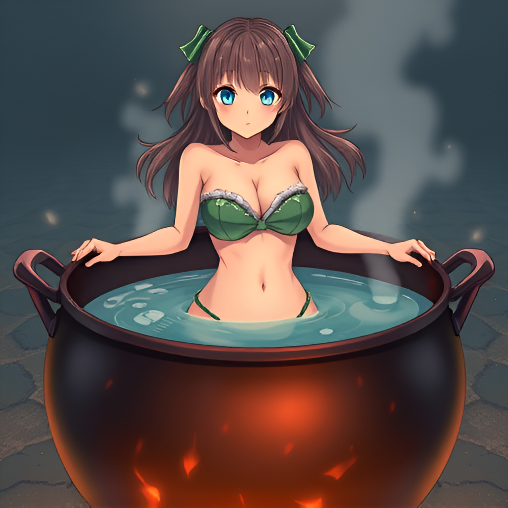 Ladies in cauldrons - Girls, Bathing, Swimsuit, Anime, Bikini, Boiler, Boiling water, Art, Women, Longpost