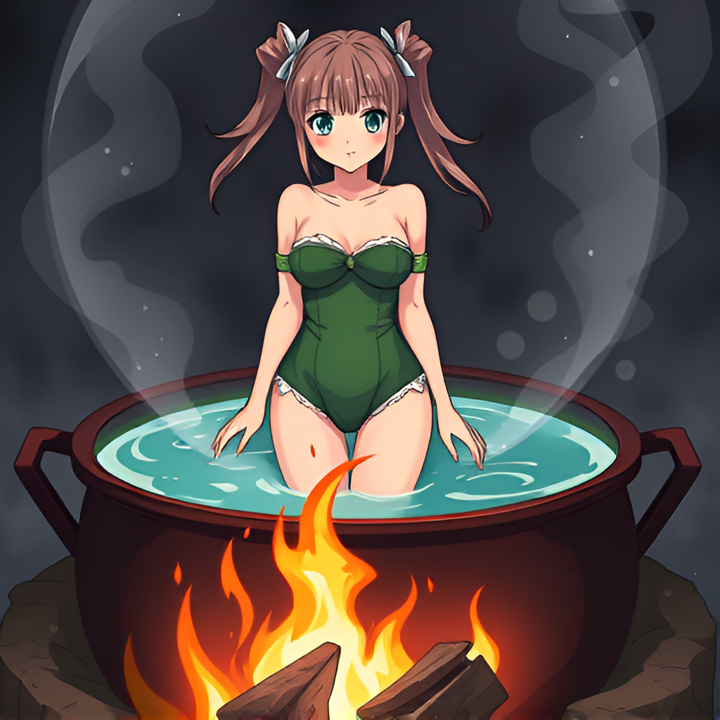 Ladies in cauldrons - Girls, Bathing, Swimsuit, Anime, Bikini, Boiler, Boiling water, Art, Women, Longpost