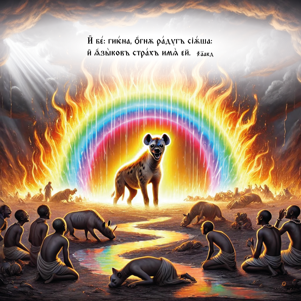 (And there is) a hyena, shining with rainbow fire. Its name is: Public fears (phobias) - My, Church Slavonic language, Art