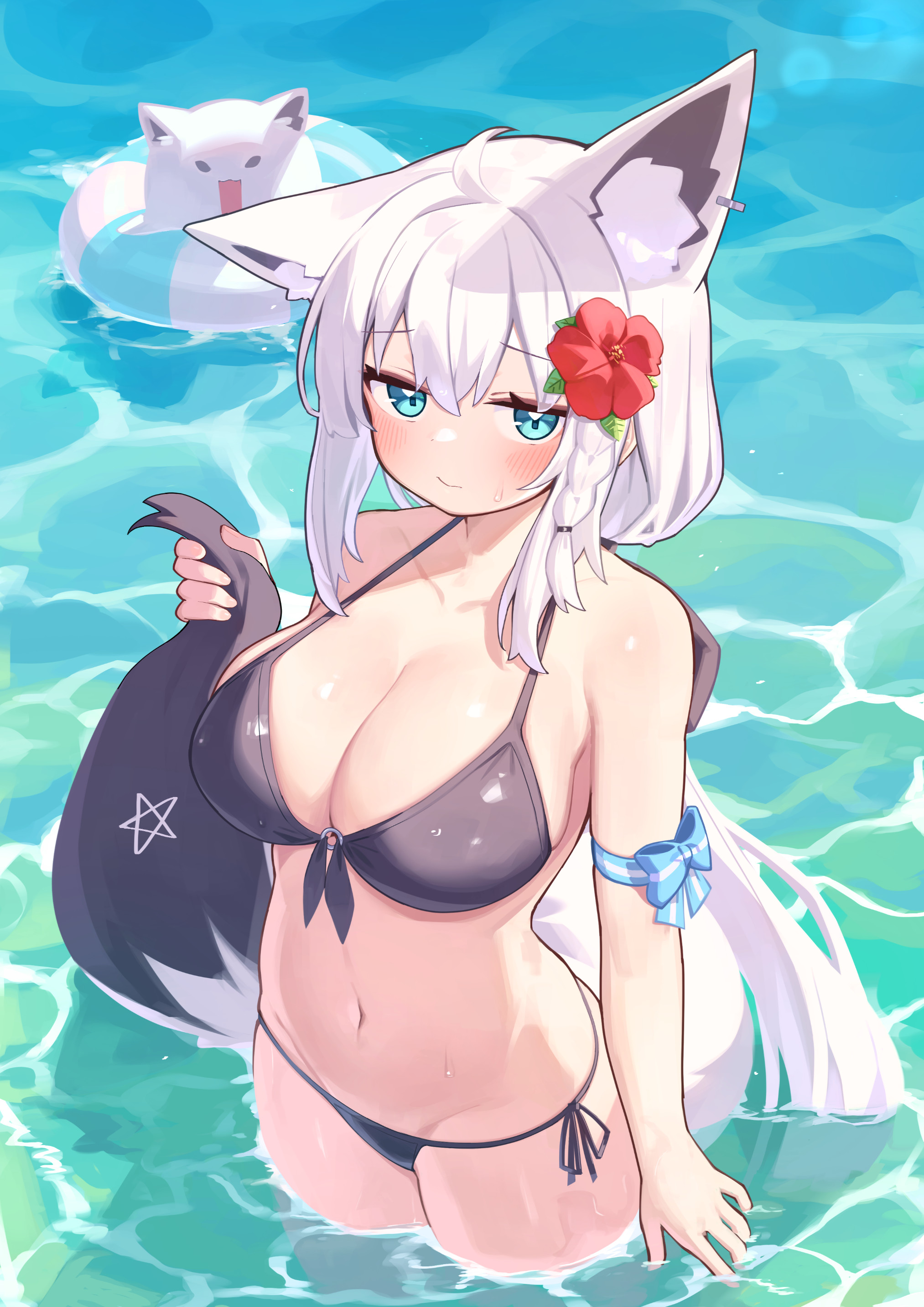 I wet the tail, here it is - Anime art, Anime, Virtual youtuber, Hololive, Shirakami fubuki, Deaver, Animal ears, Tail, Swimsuit