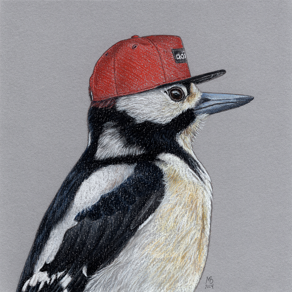 Big D - My, Art, Drawing, Birds, Animalistics, Birds in hats, Pastel, Traditional art, Woodpeckers, Cap