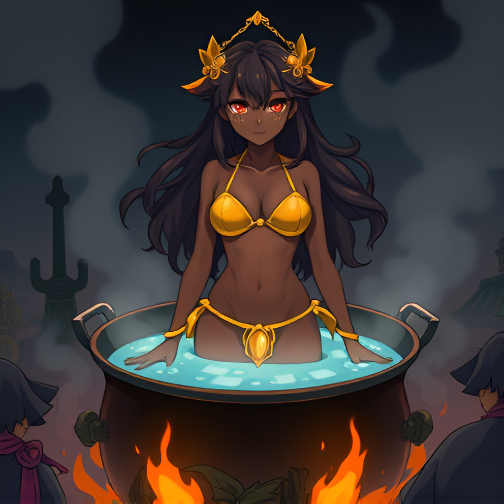 Dark-skinned girls in cauldrons - Girls, Bathing, Swimsuit, Bikini, Anime, Boiler, Boiling water, Women, Art, Longpost