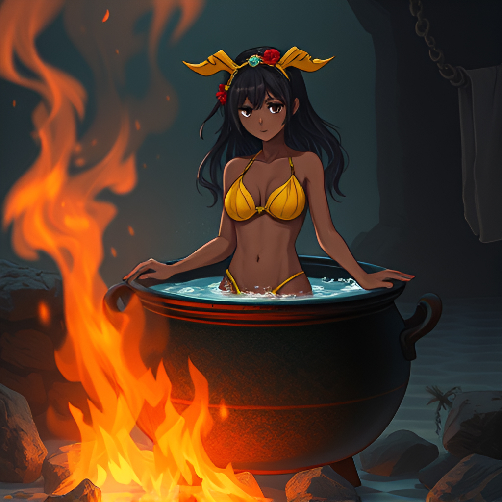 Dark-skinned girls in cauldrons - Girls, Bathing, Swimsuit, Bikini, Anime, Boiler, Boiling water, Women, Art, Longpost