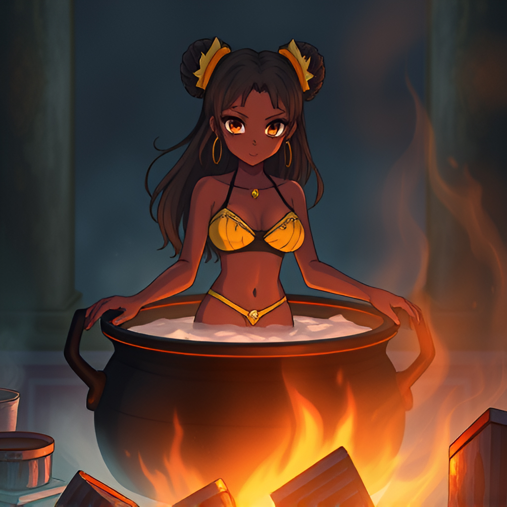 Dark-skinned girls in cauldrons - Girls, Bathing, Swimsuit, Bikini, Anime, Boiler, Boiling water, Women, Art, Longpost