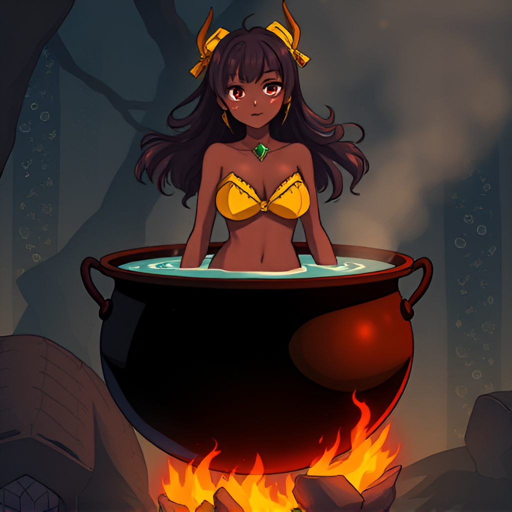 Dark-skinned girls in cauldrons - Girls, Bathing, Swimsuit, Bikini, Anime, Boiler, Boiling water, Women, Art, Longpost