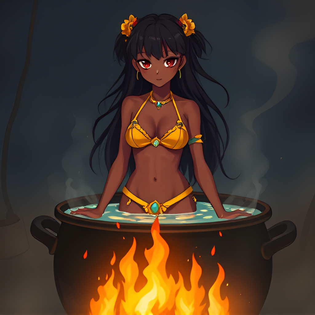 Dark-skinned girls in cauldrons - Girls, Bathing, Swimsuit, Bikini, Anime, Boiler, Boiling water, Women, Art, Longpost