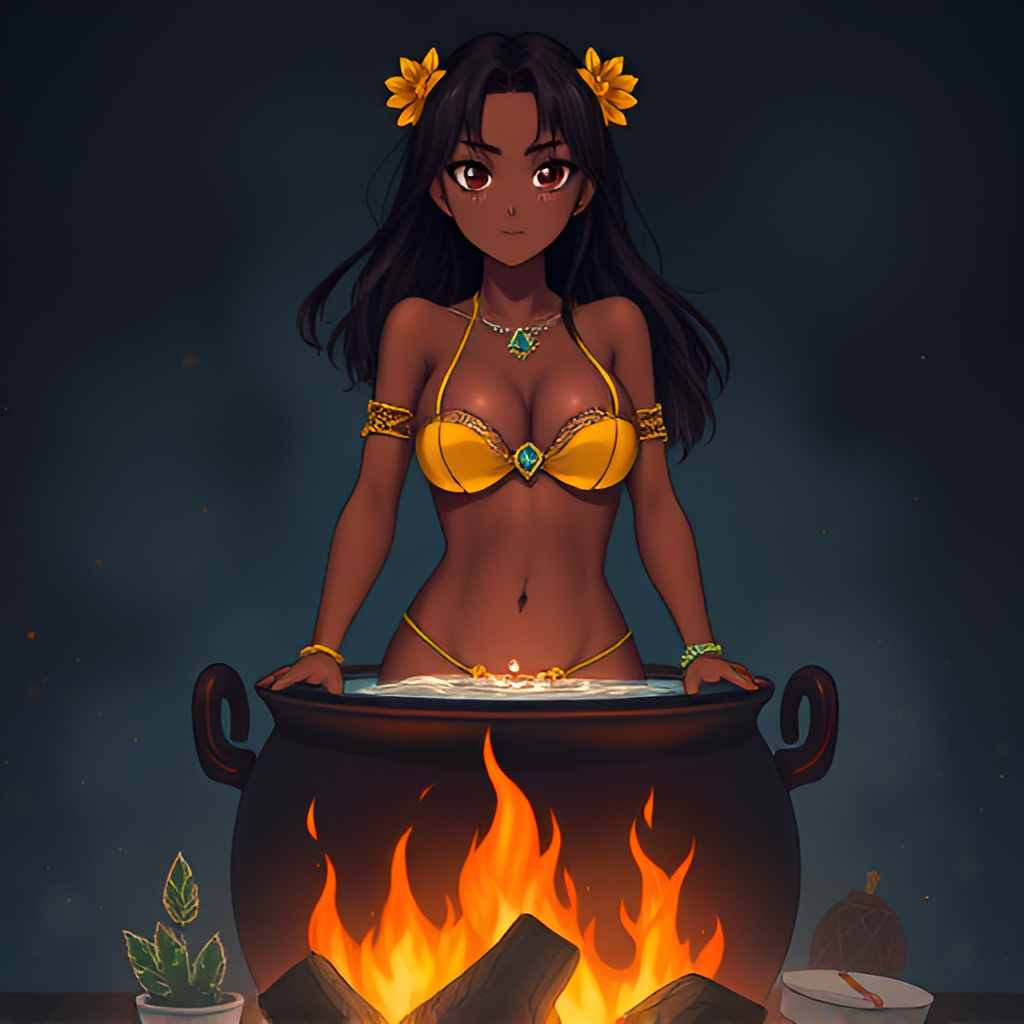 Dark-skinned girls in cauldrons - Girls, Bathing, Swimsuit, Bikini, Anime, Boiler, Boiling water, Women, Art, Longpost