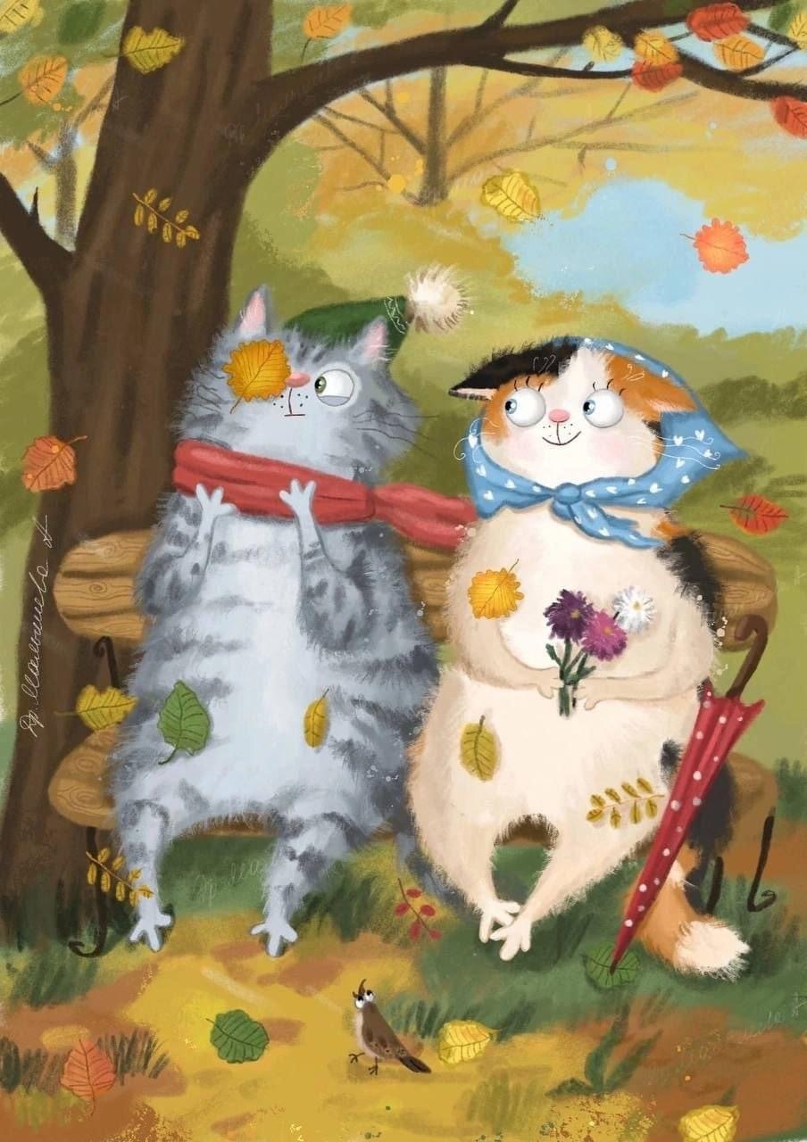 Autumn cats - cat, Painting