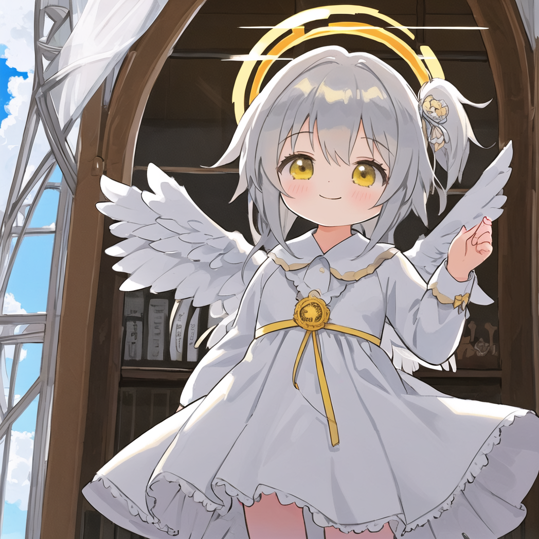 Even more Happiness - My, Anime art, Anime, Stable diffusion, Neural network art, White hair, Nimbus, Loli, Angel, Longpost