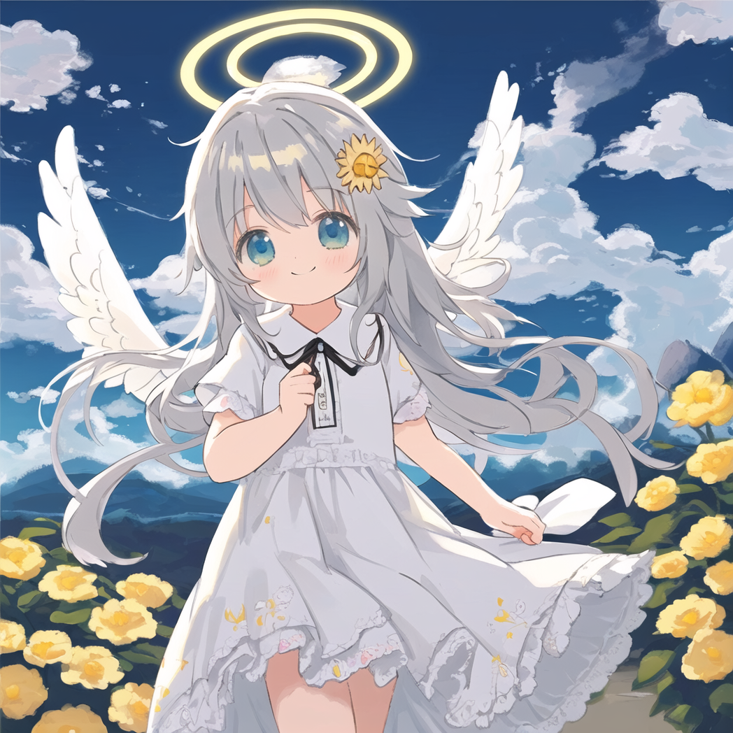 Even more Happiness - My, Anime art, Anime, Stable diffusion, Neural network art, White hair, Nimbus, Loli, Angel, Longpost