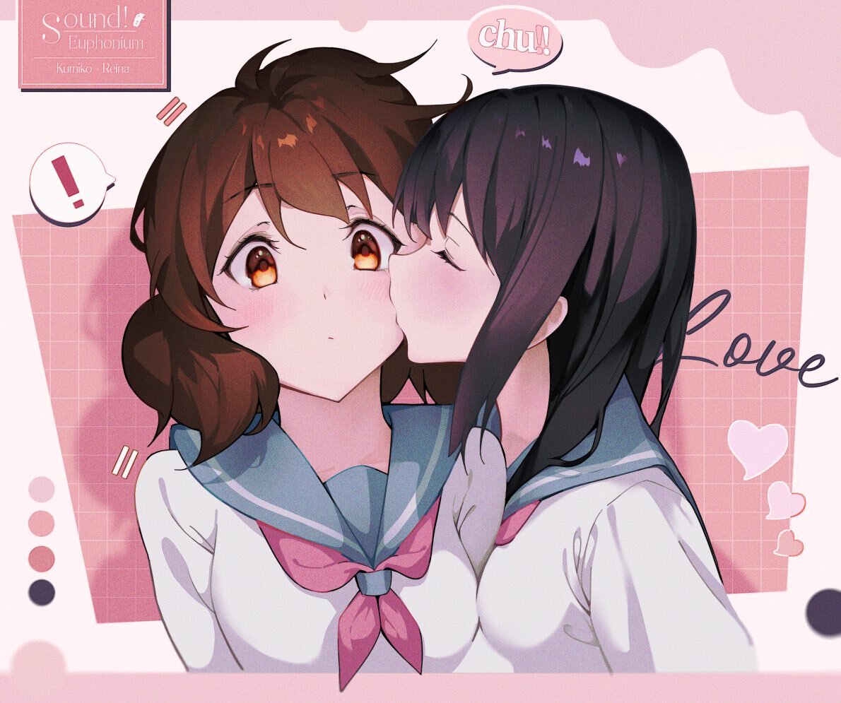 Reina & Kumiko - Anime Art, Аниме, Подруга, Yuri, Hibike! Euphonium, Kousaka Reina, Kumiko Oumae, Поцелуй, Twitter (ссылка)