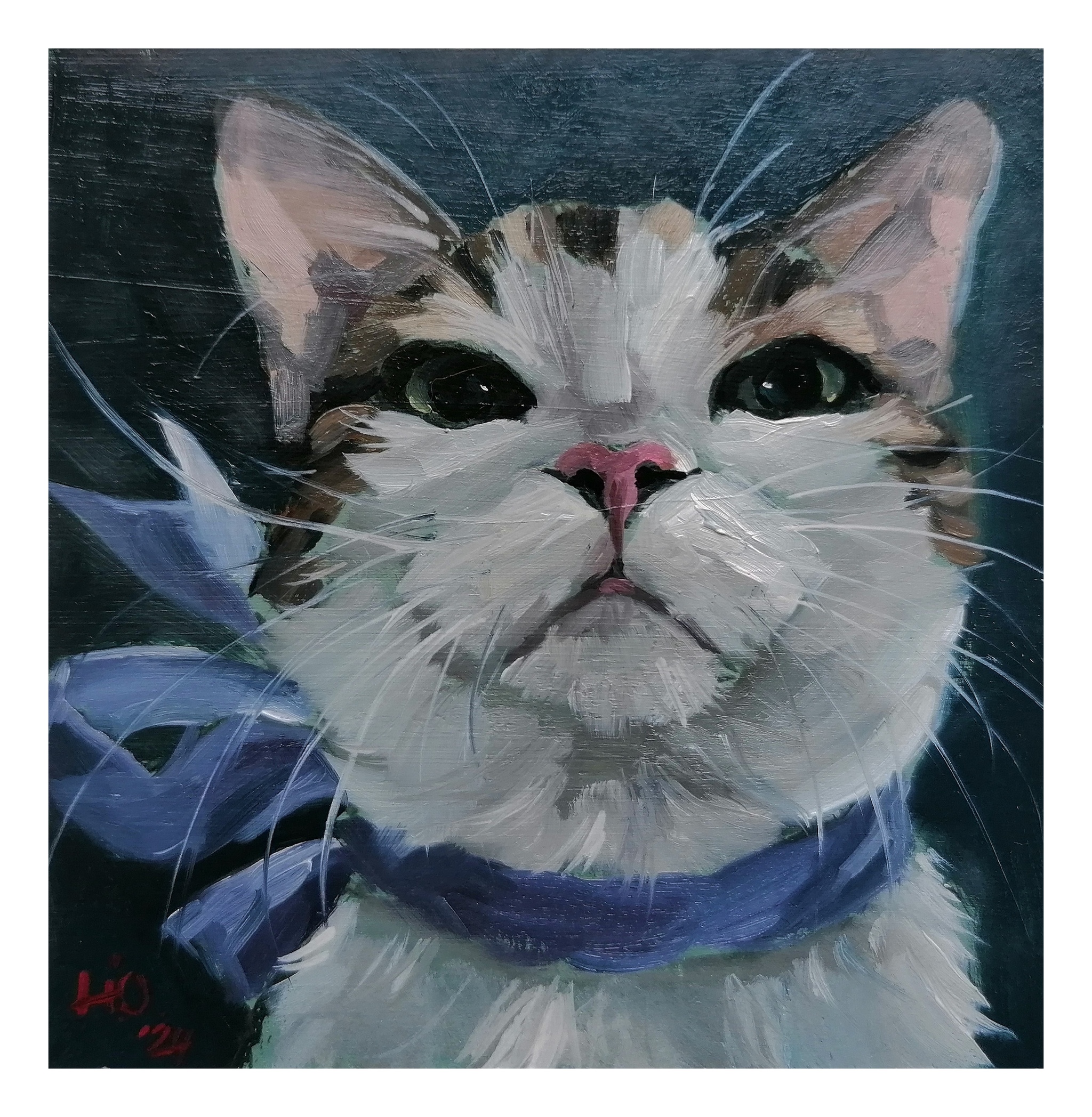 Smart - My, cat, Pets, Artist, Painting, Oil painting, Bow, Animalistics, Author's painting, Etude, Portrait, Art, Traditional art, Painting, Miniature