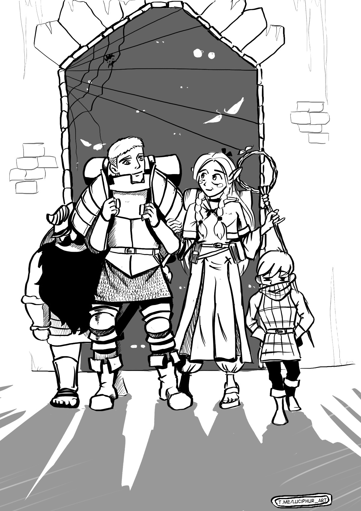 Dungeon of deliciousness! - My, Anime, Anime art, Dungeon Meshi, Laios Touden, Marcille Donato, Chilchuck Tims, Senshi (Dungeon Meshi), Drawing