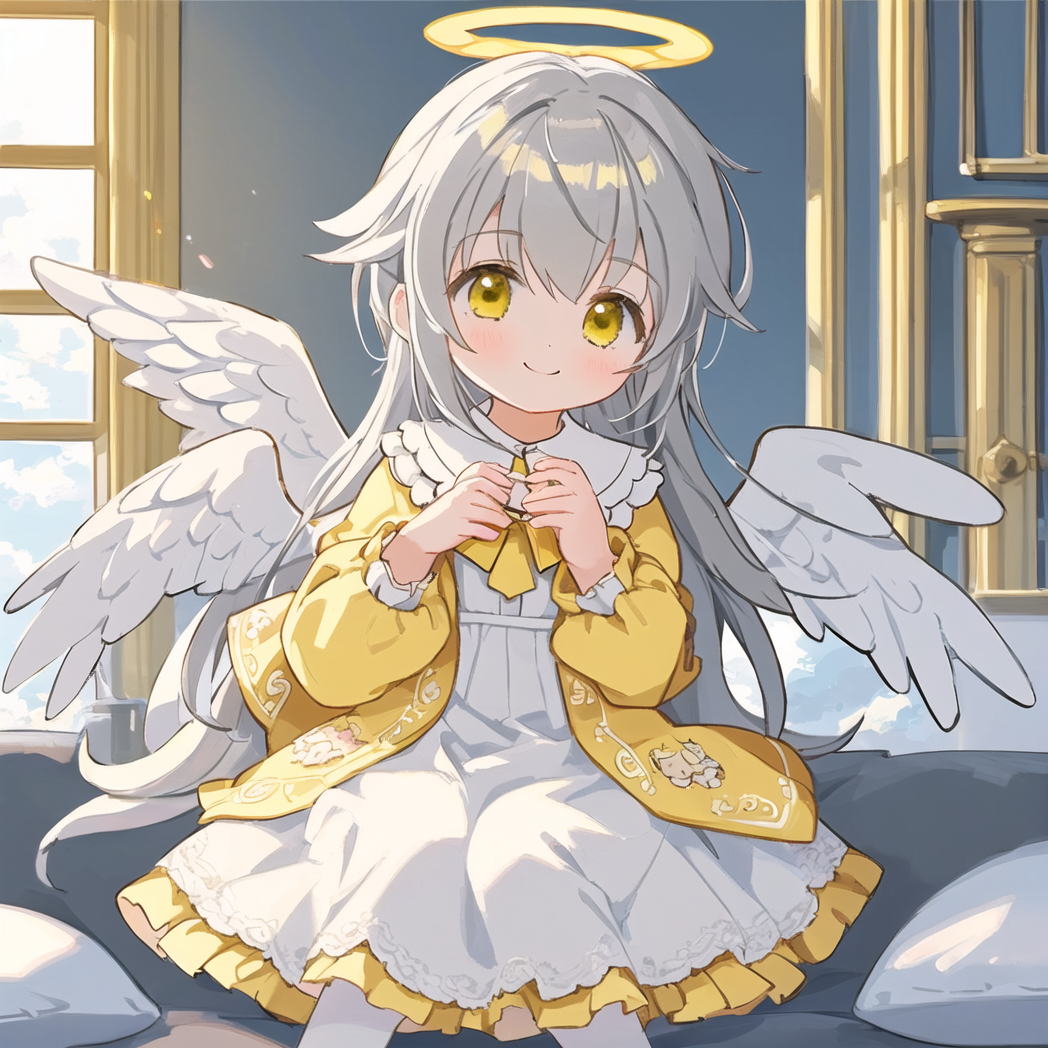 Even more Happiness - My, Anime art, Anime, Stable diffusion, Neural network art, White hair, Nimbus, Loli, Angel, Longpost