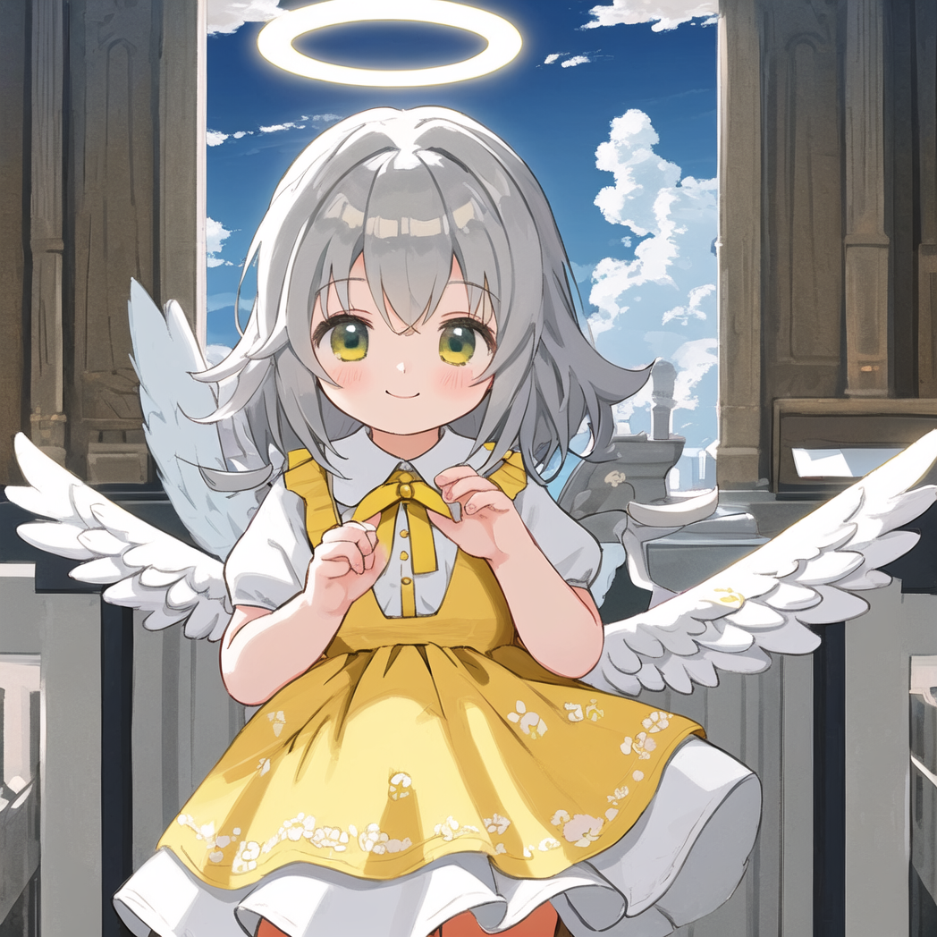 Even more Happiness - My, Anime art, Anime, Stable diffusion, Neural network art, White hair, Nimbus, Loli, Angel, Longpost