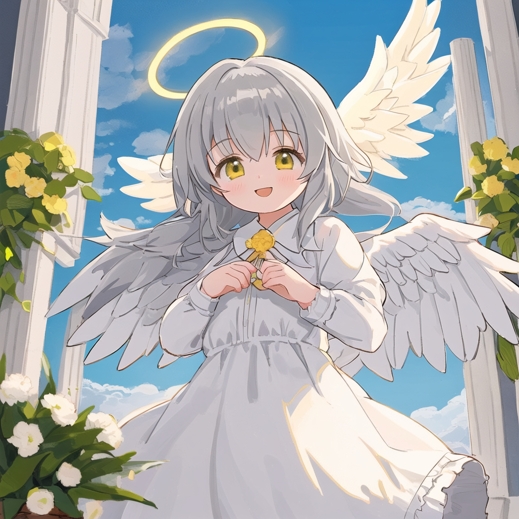 Even more Happiness - My, Anime art, Anime, Stable diffusion, Neural network art, White hair, Nimbus, Loli, Angel, Longpost