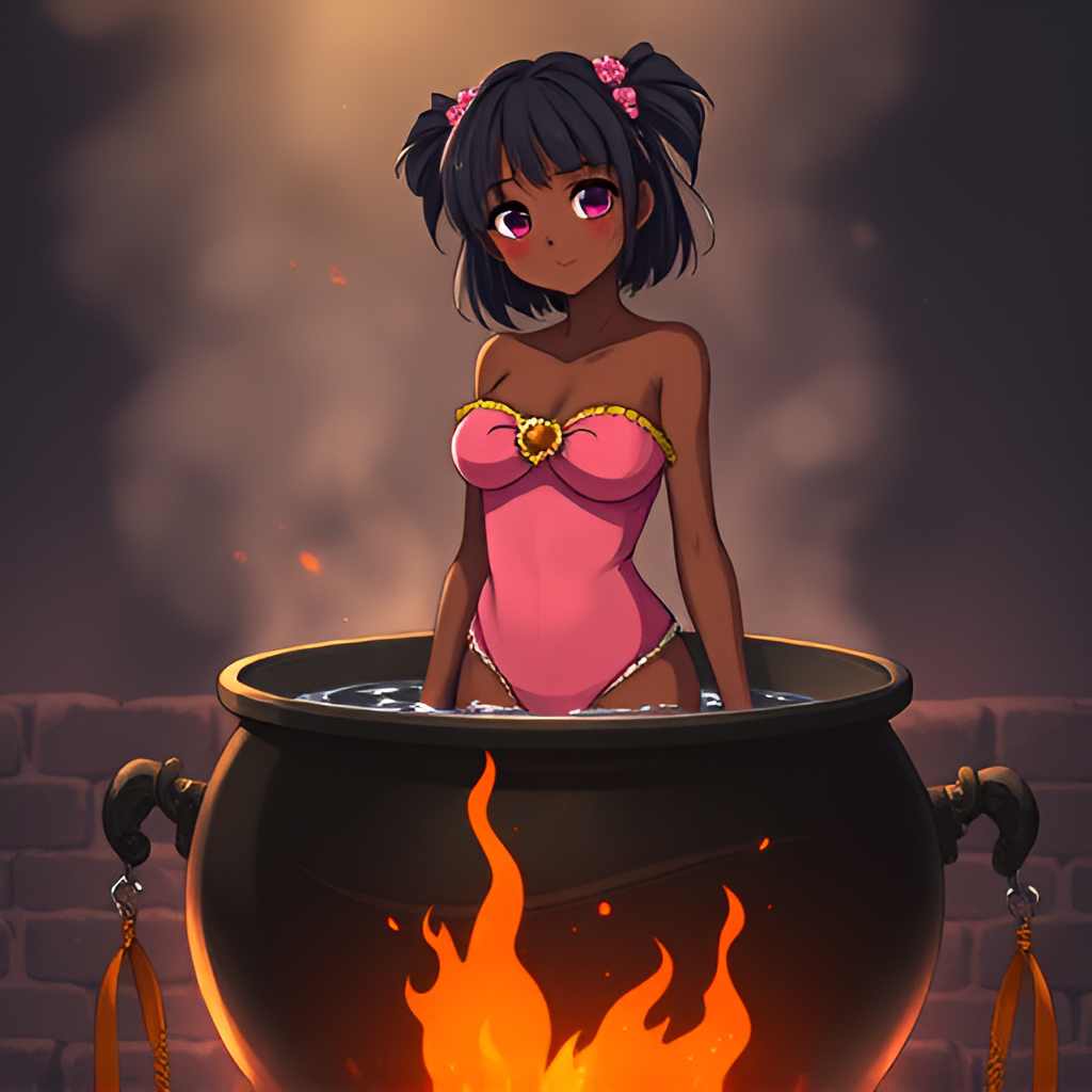 Dark-skinned beauties in cauldrons - Anime, Girls, Bathing, Swimsuit, Boiler, Boiling water, Art, Longpost