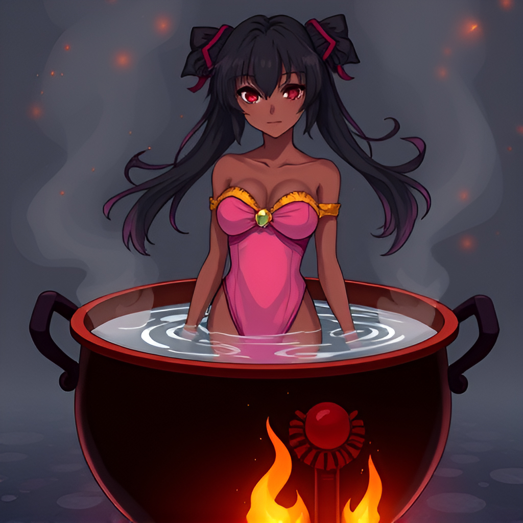 Dark-skinned beauties in cauldrons - Anime, Girls, Bathing, Swimsuit, Boiler, Boiling water, Art, Longpost