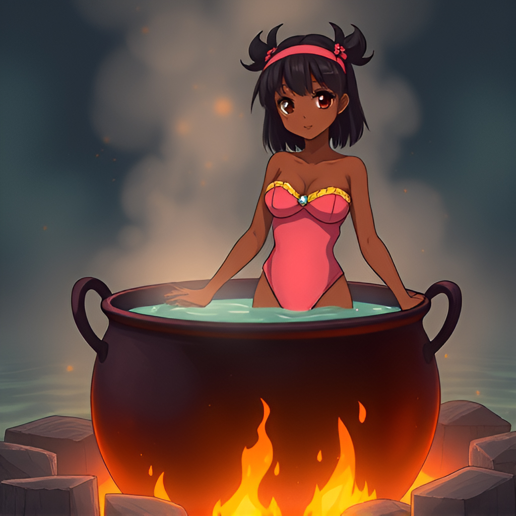 Dark-skinned beauties in cauldrons - Anime, Girls, Bathing, Swimsuit, Boiler, Boiling water, Art, Longpost