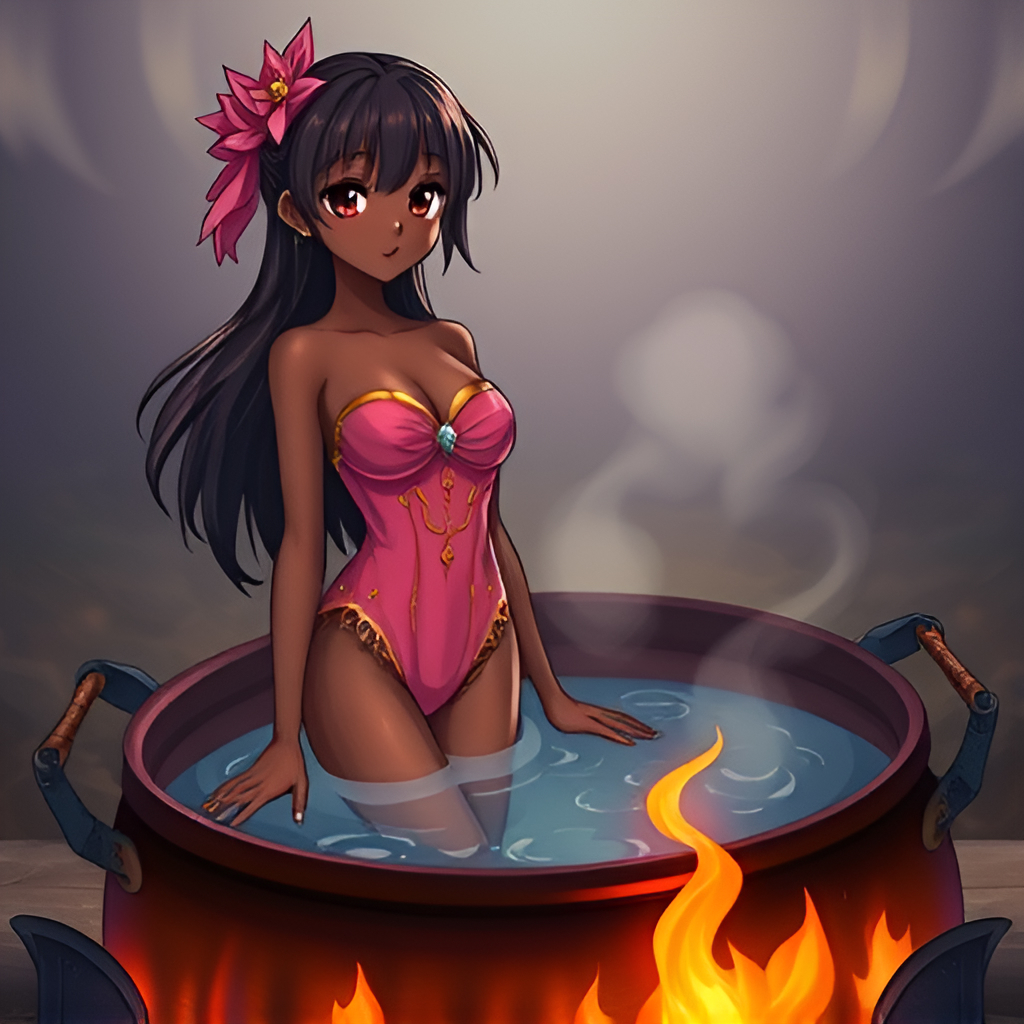 Dark-skinned beauties in cauldrons - Anime, Girls, Bathing, Swimsuit, Boiler, Boiling water, Art, Longpost